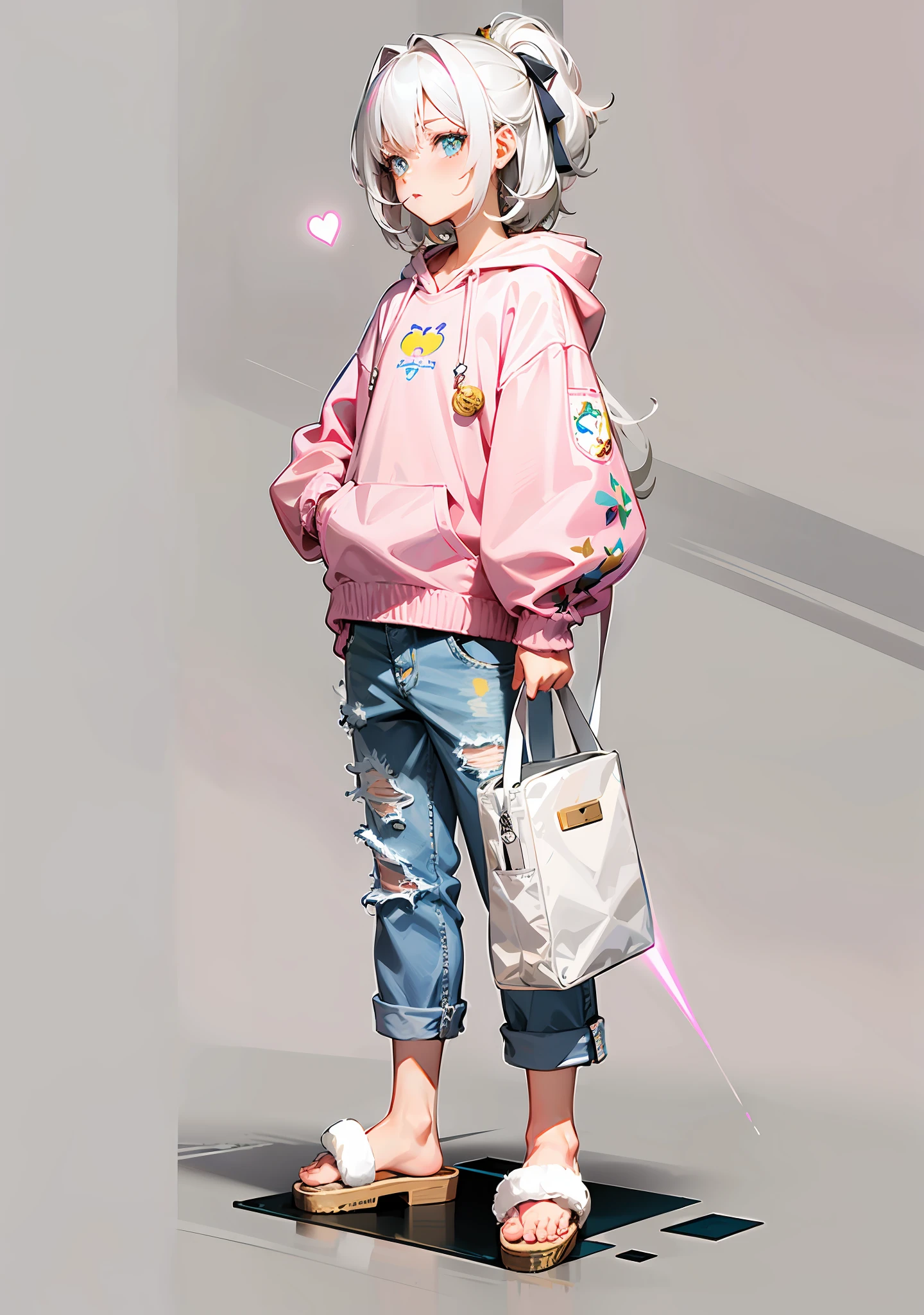 Standing painting, white hair, light eyes, laser textured pink clothes, jeans, cute slippers