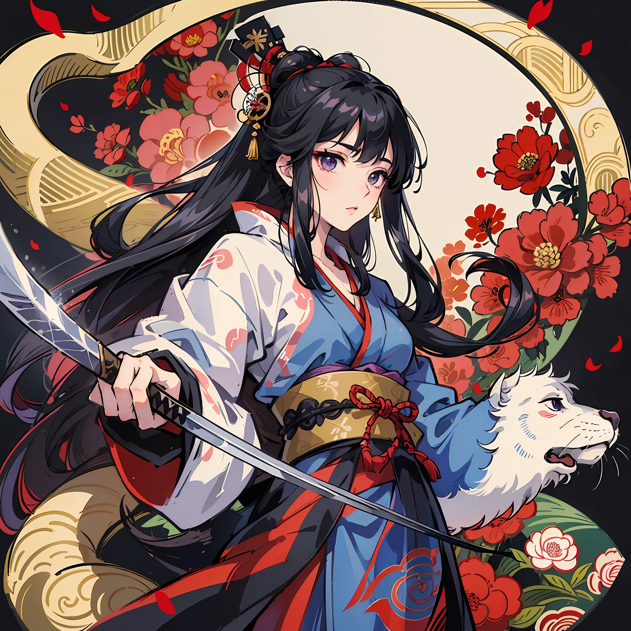 Masterpiece, High Quality, High Quality, Jigokuraku, Yamada Asaemon Sakiri, Sakiri, 1 Girl, Solo, Five Fingers, Kimono, Japanese Clothes, Black Hair, Long Hair, Japan Sword, Tachi, Big, Slender, Straight Face --auto --s2