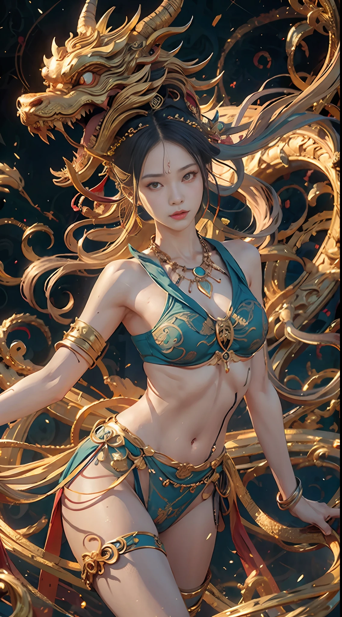 One Girl, There is a dragon behind him, Dunhuang style, Surrealism, Hyperrealism, Suprematism, Classicism, UHD, retina, masterpiece, ccurate, textured skin, anatomically correct, super detail, high details, high quality, 1080P, highres, best quality, award winning, 16k, 8k, 4K, HD