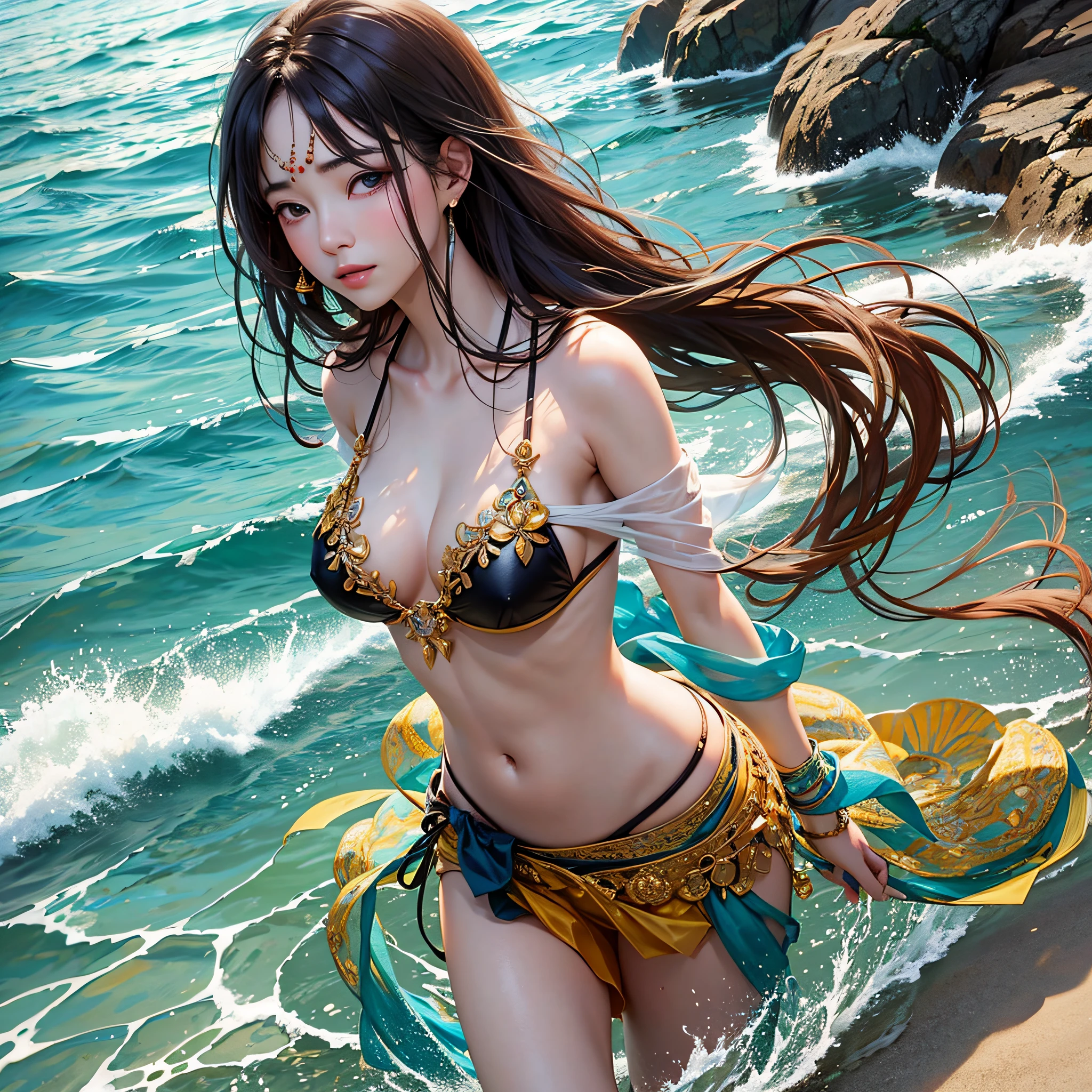 Oriental classical beauty, barefoot, standing by the sea, wearing a bikini, the sun has just risen from the sea --auto --s2