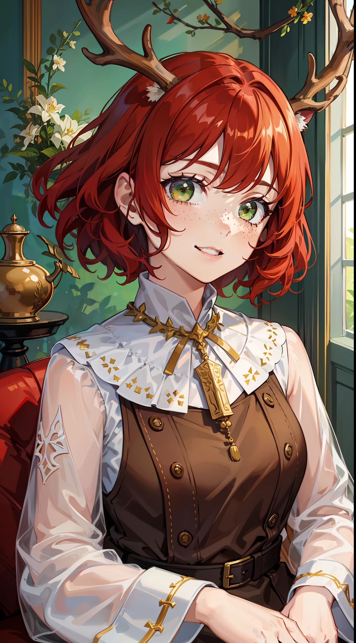 Young girl, short red hair, curly hair, green eyes, freckles, deer antlers, old Russian dress, smile, masterpiece, high quality