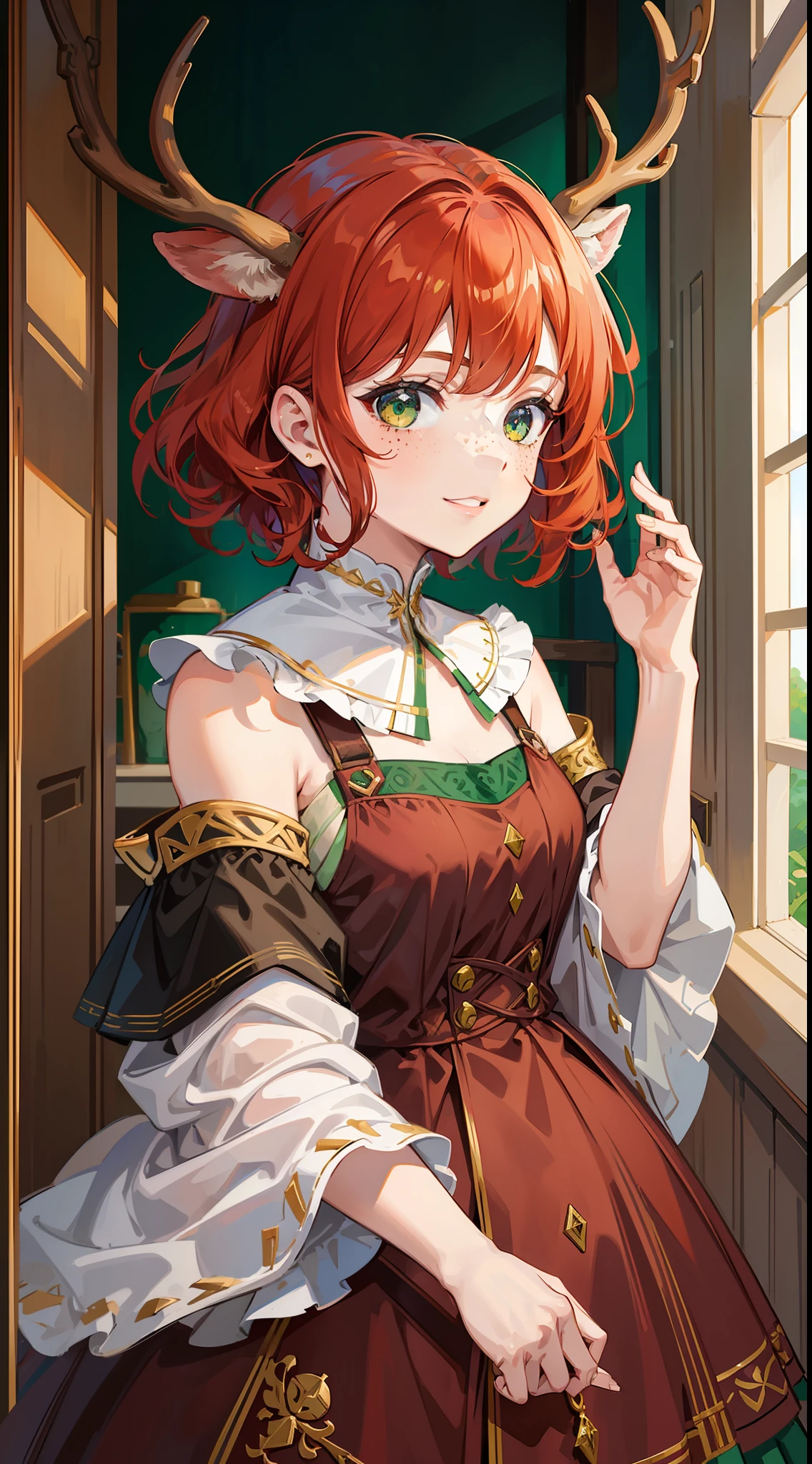 Young girl, short red hair, curly hair, green eyes, freckles, deer antlers, old Russian dress, smile, masterpiece, high quality