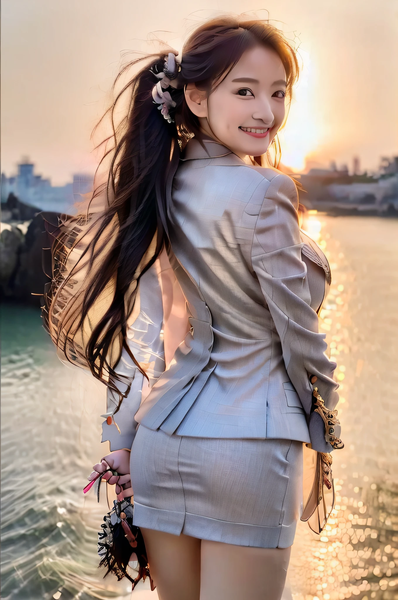 (realistic, photo-realistic:1.37), (masterpiece), (best quality:1.4), (ultra high res:1.2),(RAW photo:1.2), (sharp focus:1.3), (face focus:1.2), elegant, (full body:1.2), (1 girl wearing detailed pencil-skirt and suit-jacket:1.3), (office lady), professionattire, high heels, (33yo:1.1), (happy smile:1.3), (shine hair:1.3), [ponytail], BREAK,
(huge breast), scenery, (Beautiful Sunset background:1.2), from behind, backshot, bangs, beautiful detailed eyes, looking at viewer, (cute), (no makeup),
+LoRA