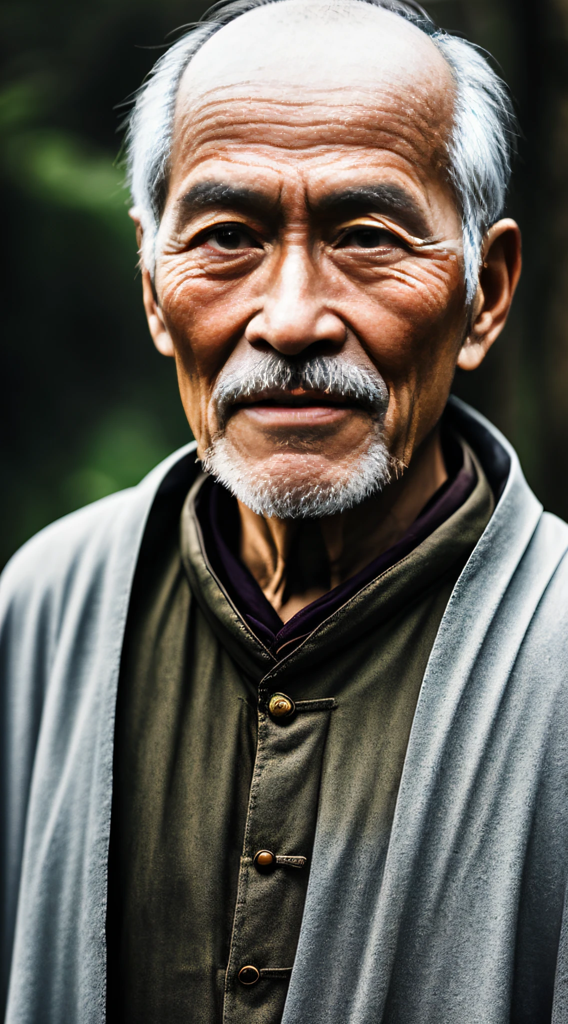 Portrait photography style, world masterpiece, super unique high professional digital art, film format, hyper-realism, color cinematography with ultra-fine details and quality, background is deep in the forest, an old man in rural China, an old man with wisdom. He wears an old cloak and his eyes are kind and shrewd. His skin has been blackened and powerful by the sun and rain, and the wrinkles are fixed on the corners of his mouth and forehead, making it seem that his years have precipitated. Although wearing a dark gown, although simple in appearance, it exudes sublime wisdom and a sense of tenacity of strength.