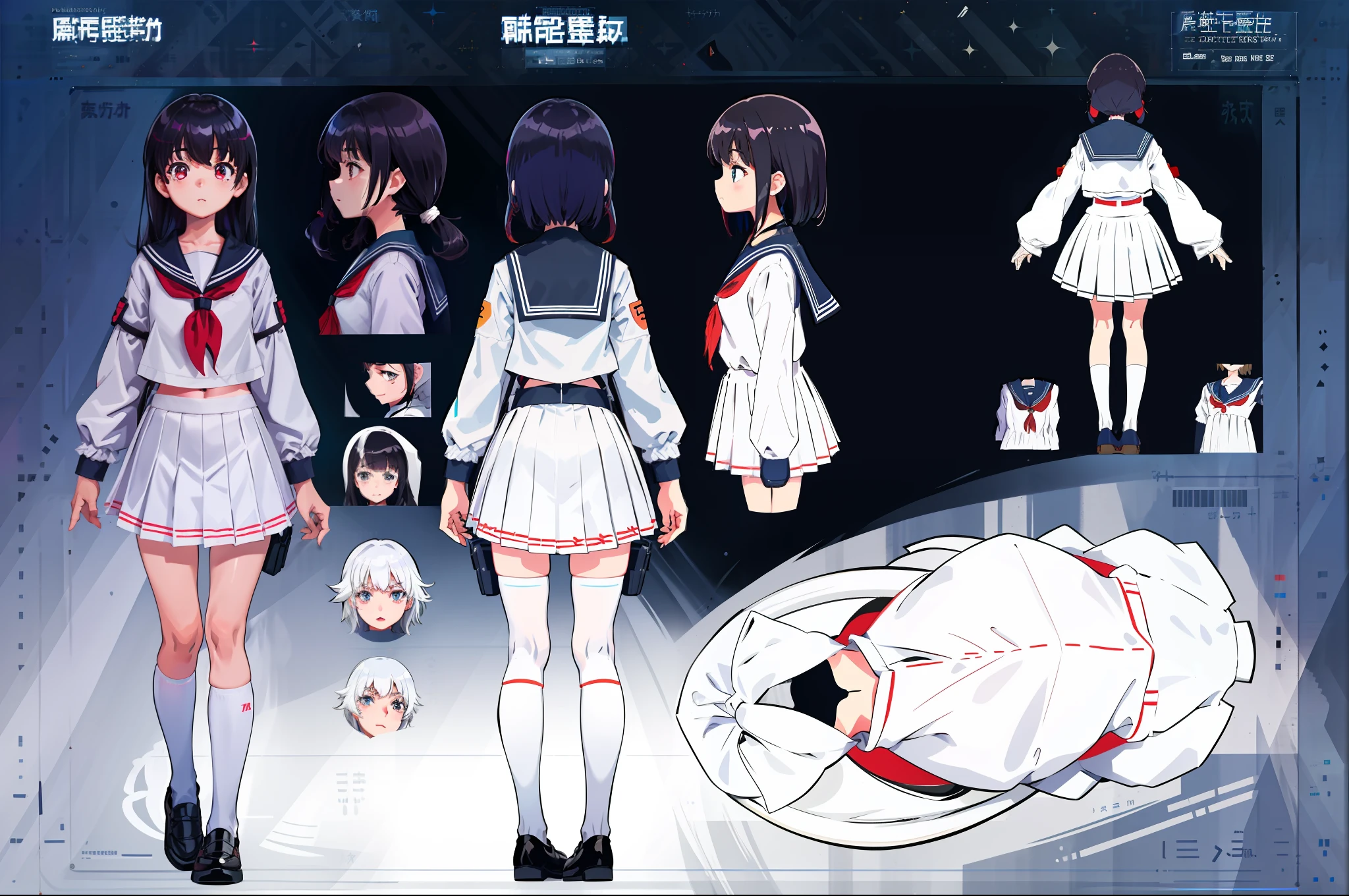 multiple views,1girl,serafuku,school uniforms,simple background,white background,full body,