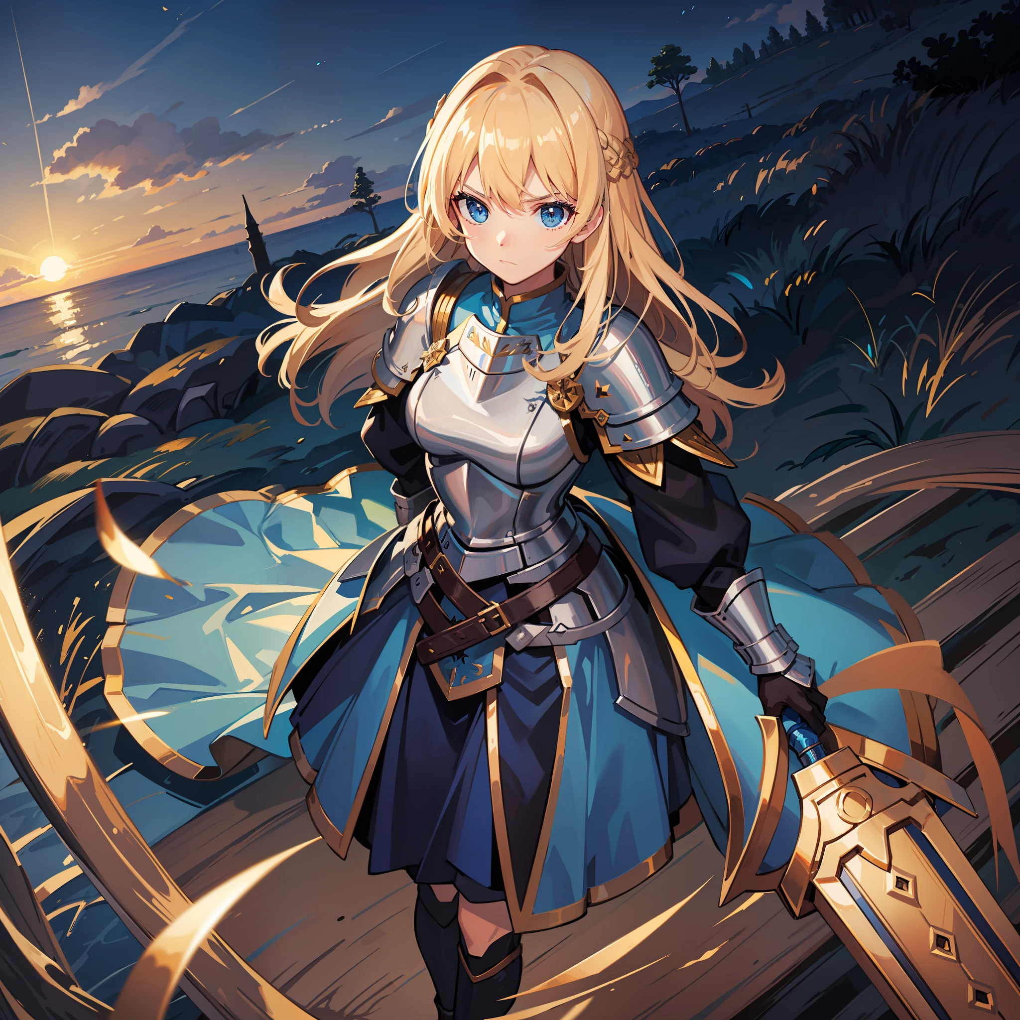 High quality,best quality, female knight,blue armor,serious face, golden hair, blue eyes, meadow background,mini skirt,dawn,dusk