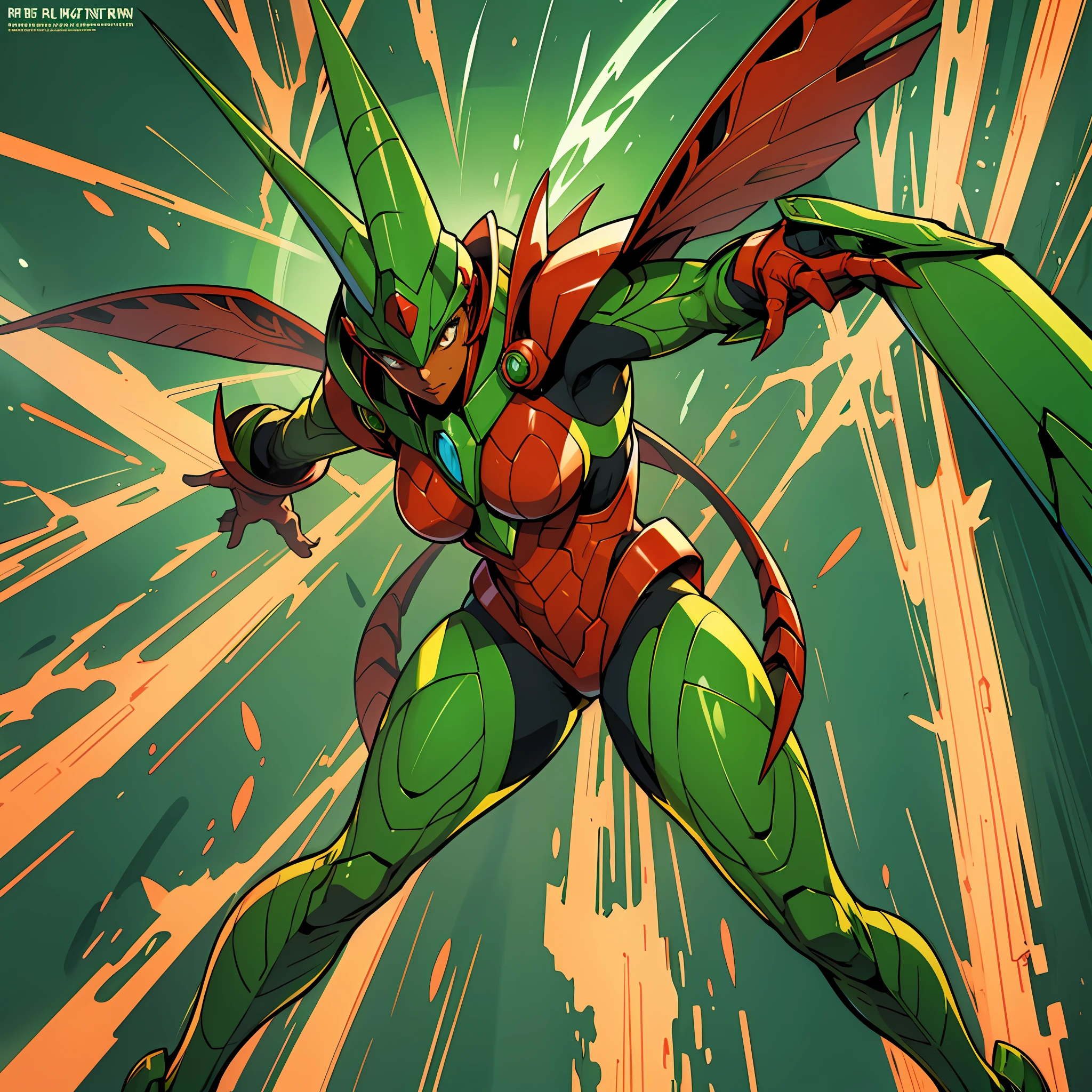 Cartoon photo of woman in green and red costume, hot insect humanoid woman, Guyver style, SFW version, scaraber reploid, tail, cel shade adult animation, alien queen, serpentine pose, --auto --s2