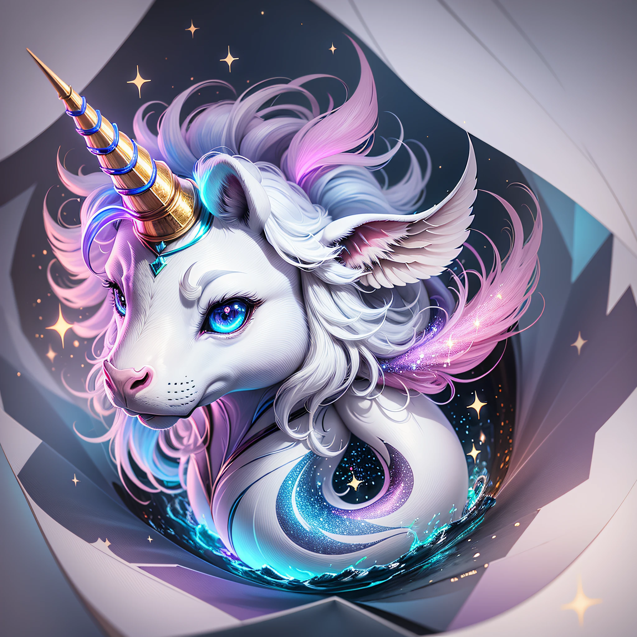 Cartoon unicorn, super cute, facing the viewer, glitter, rainbow, shiny, trending on art station, fantasy, dreamlike, focused on the character, symmetrical, ultra-sharp, octane render, 8k, adobe illustration, Photoshop, watercolor effect, digital painting, highly detailed, simple, soft lighting, bird's-eye view, isometric style, smooth and clean vector, photo realistic rendering, using Cinema 4D, no jagged lines,no jagged edges --auto --s2