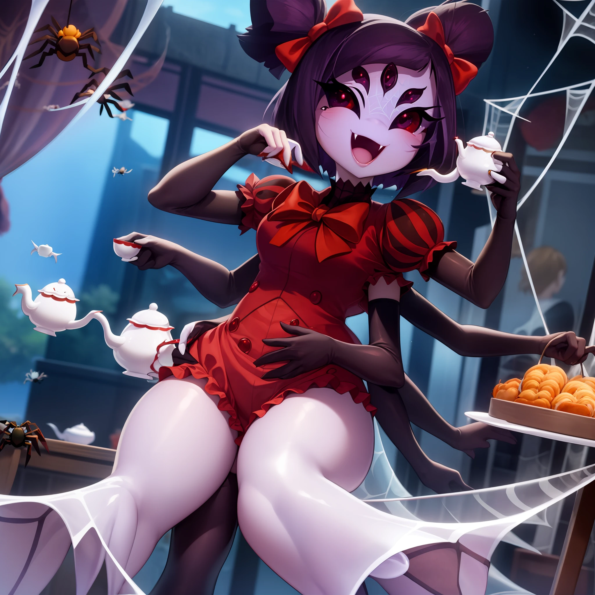 masterpiece, best quality, a beautiful and detailed portriat of muffet,(muffetwear), monster girl,((purple body:1.3)),humanoid, arachnid, anthro,((fangs)),pigtails,hair bows,5 eyes,spider girl,6 arms,solo,smile, clothed, open mouth, awesome and detailed background, holding teapot, holding teacup, 6 hands,detailed hands,((spider webs:1.4)), storefront that sells pastries and tea,bloomers,(red and black clothing),inside,pouring into teacup,wide angle lens, ((fish eye effect)) ,armwear, thick_thighs, spread legs, knees,midriff