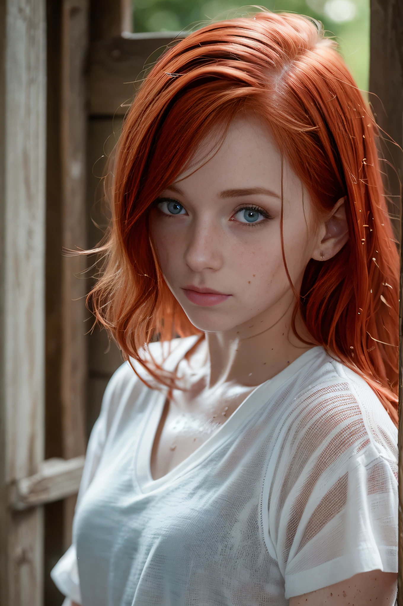a portrait of a redhead (soaked 1.2), freckle teacher, under a porch, white V-neck shirt, visible through the white top t-shirt, goosebumps, slate atmosphere, cinematic, faded colors, dark shot, muted colors, grainy film, lut, crazy details, intricate details, hyperdetailed, close-up, twilight