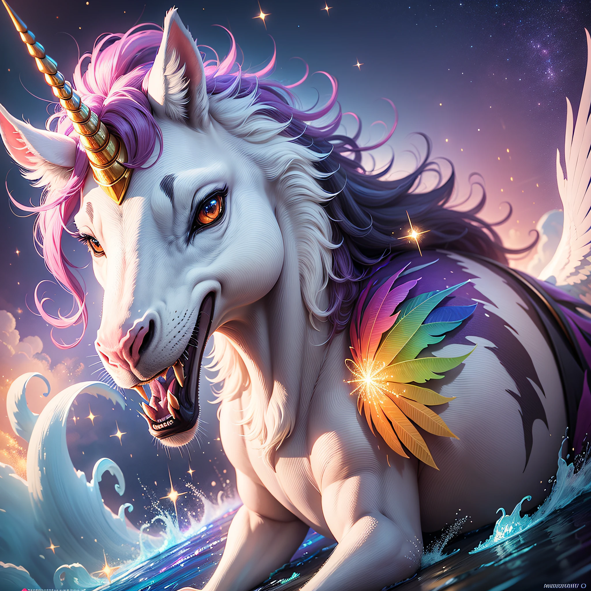 Cartoon unicorn, super cute, facing the viewer, glitter, rainbow, shiny, trending on art station, fantasy, dreamlike, focused on the character, symmetrical, ultra-sharp, octane render, 8k, adobe illustration, Photoshop, watercolor effect, digital painting, highly detailed, simple, soft lighting, bird's-eye view, isometric style, smooth and clean vector, photo realistic rendering, using Cinema 4D, no jagged lines,no jagged edges --auto --s2