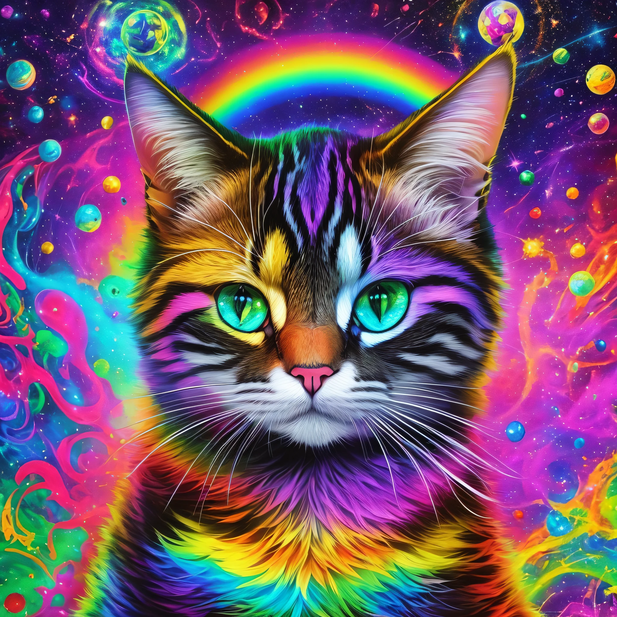 Create a painting of a cat with rainbows coming out of your eyes, void cat, lsd trip, space cat, psychedelic dream, trippy, trippy happy mood, psychedelic acid trip, psychedelic trip, trippy art, cat in space, cosmic cataclysm, 3d psychedelic illustration --auto --s2