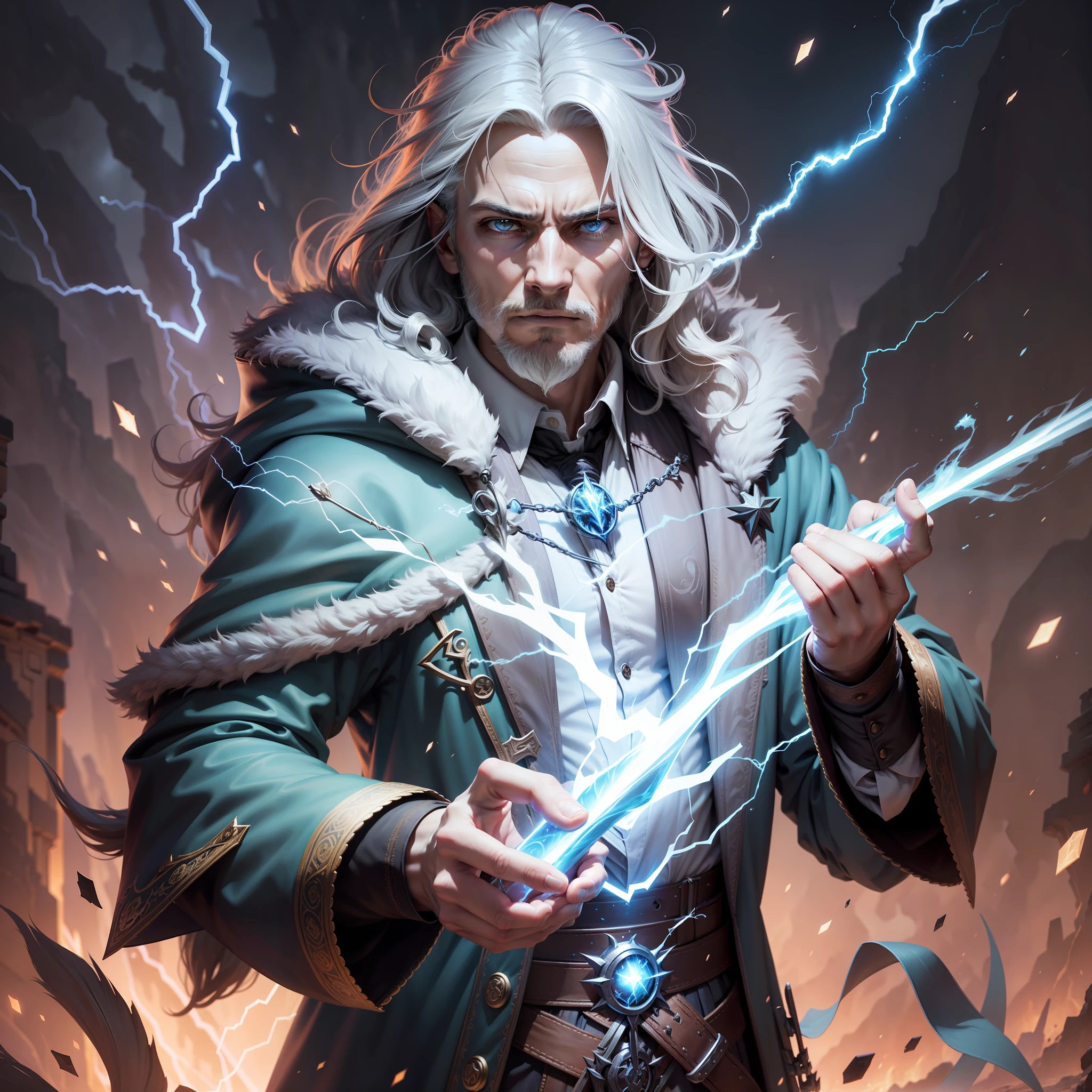 Image of a man in a coat holding a lightning bolt, electric eyes, bright eyes, long hair, Gandalf casts a lightning bolt, an arcane mage casting a spell, full portrait of Electromancer, of Arcanum, Male Mage, Mage of Spell, He's casting an illumination spell, Mage casting a spell, Ancient Mystic Time Lord, Netflix's Arcane --auto --s2
