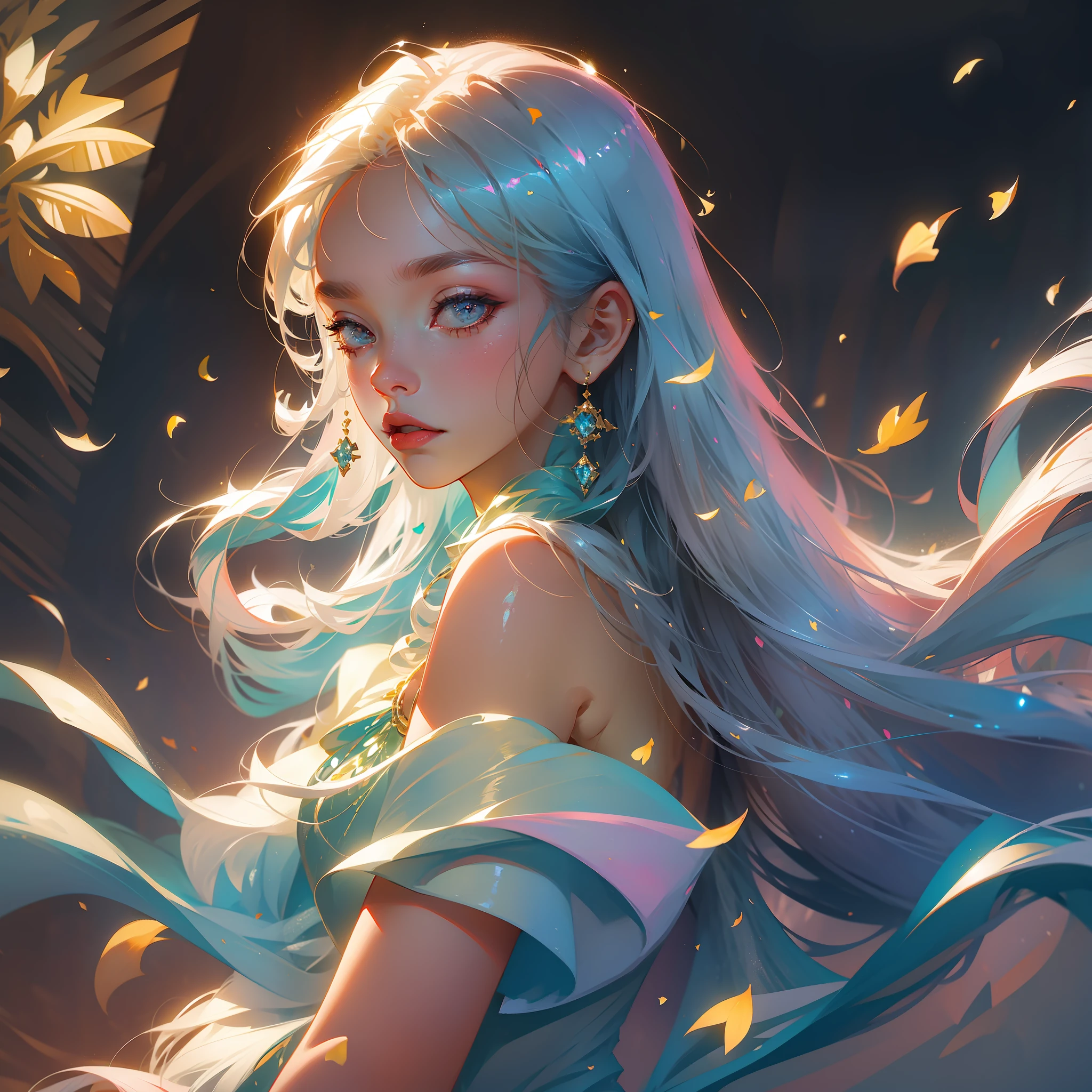 Masterpiece, top quality, official art, highly detailed CG Unity 8K wallpaper, very delicate and beautiful, super high resolution, (photorealistic: 1.4), golden hour lighting, (upper body), vampire, blue petals fluttering, kaleidoscope, illuminated by lights, turn around and look at the camera, fantastic, torn dress, very long hair, wind, white hair, see-through,