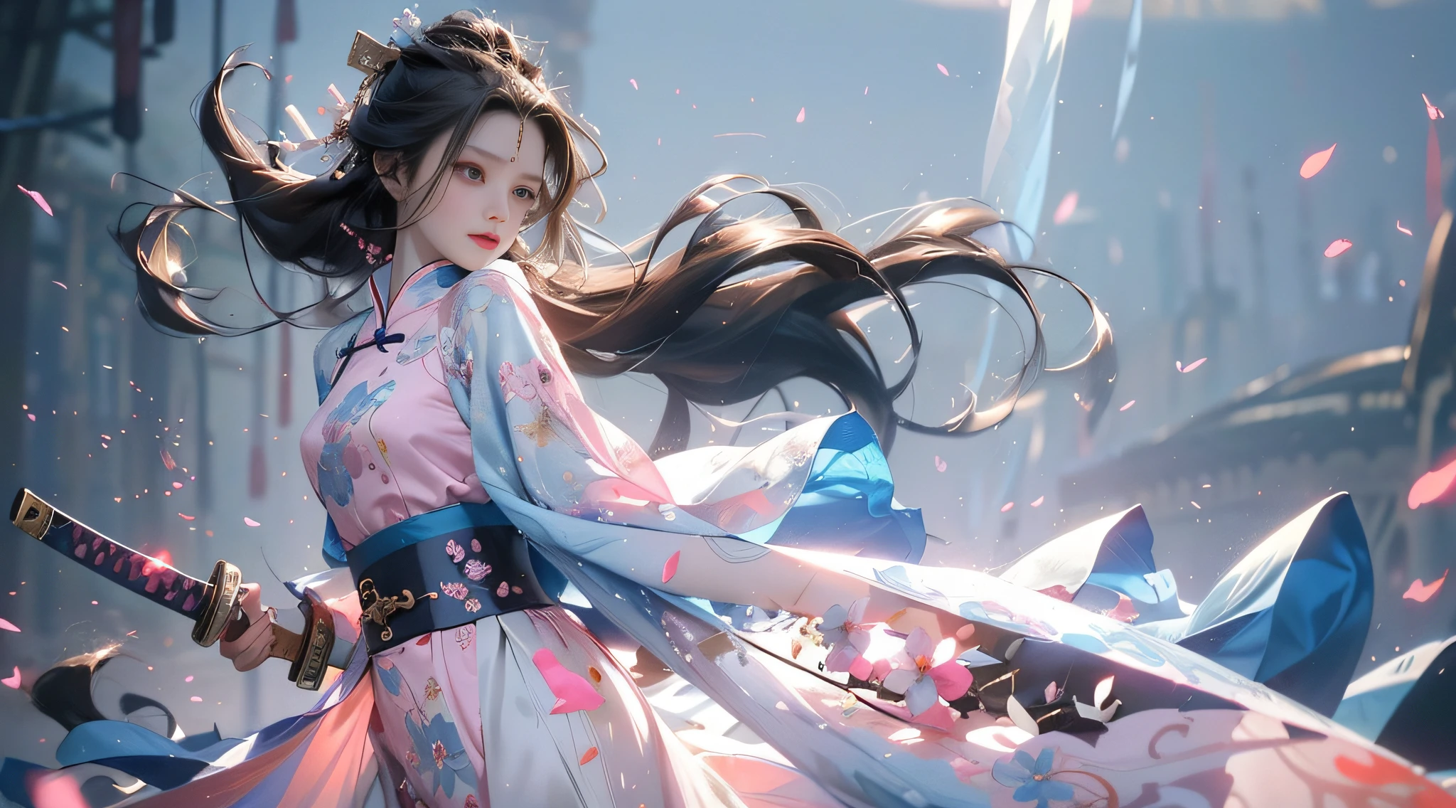 Superb Beauty, (Milky Skin: 1.3), Exquisite Detail, High Resolution, Wallpaper, 1 Woman, Solo, Dress, Hair Accessories, (((Blue Pink Dress)), Flower, Baihuaniang , Long Hair, Brown Hair, Shut Up, Long Sleeves, Wide Sleeves, Big Eyes, Flowing Hair, Chinese Style, Katana Holding, Chinese Clothing, Hanfu, Embroidery, Long Skirt, Falling Petals, Rainy Day, 16K, HDR, High resolution, depth of field, (film grain: 1.1), Bocon, prime time, (lens flare), vignetting, rainbow, (color grading: 1.5)