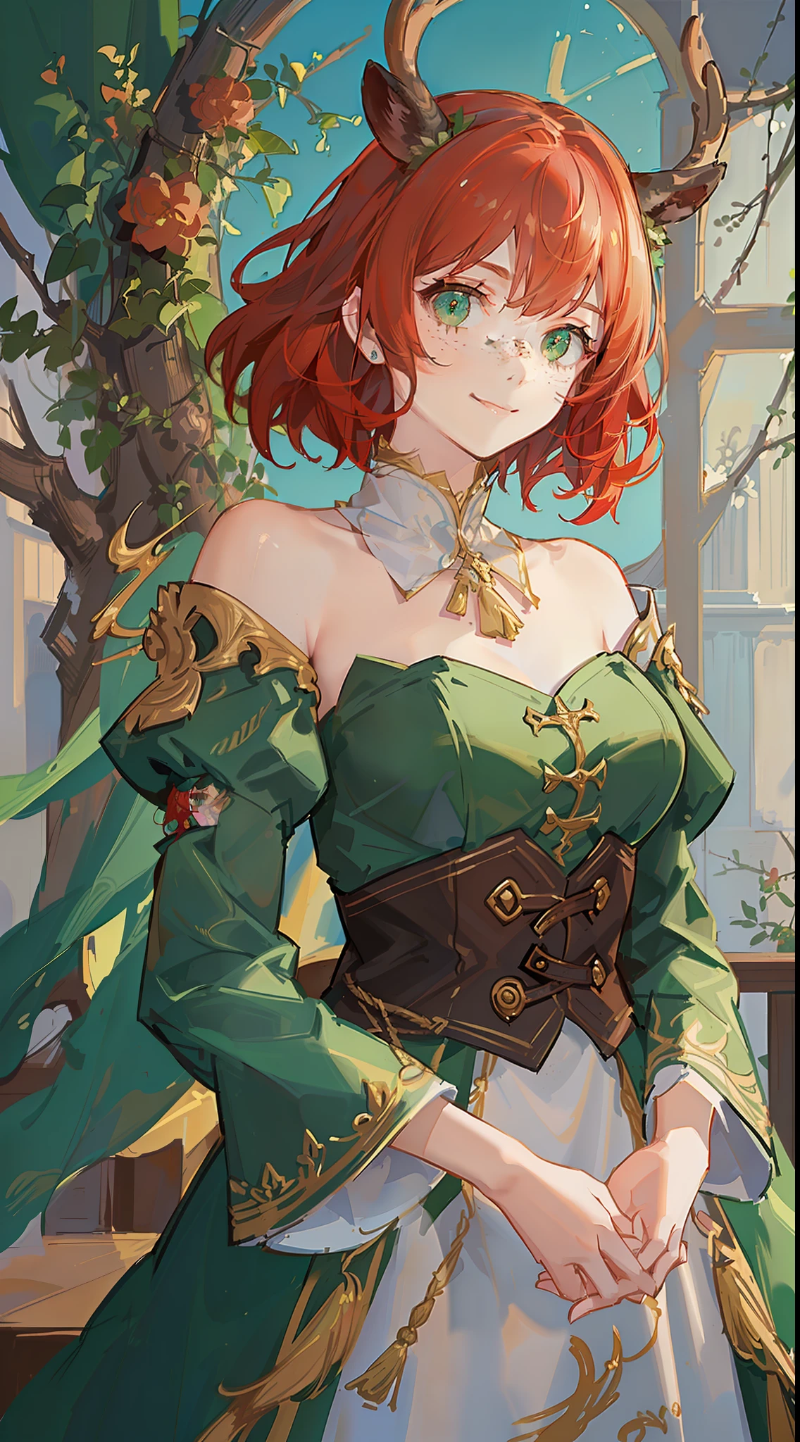 Young girl, short red hair, curly hair, green eyes, freckles, deer antlers, old Russian dress, smile, masterpiece, high quality