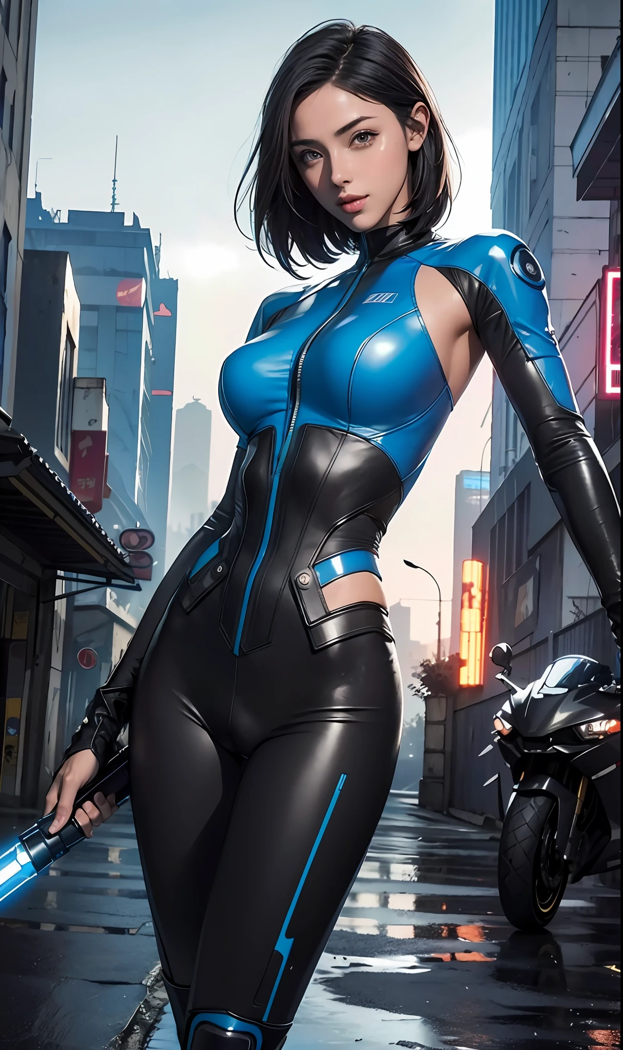 (Masterpiece: 1.21), (Best Quality), Highly Detailed, Ultra Detailed, 1 Short Hair Girl, (Glow Eyes: Blue, Black Tight Suit : 1.2, Elongated Ears: 0.8), (Cyberpunk: 1.2, Lightsaber Handheld: 1.2), (Fantasy Landscape: 1.2, Natural Daylight: 1.5, Confident Expression), (Panorama: 1.2), Smile, Angle, Alita, Cyberpunk Ruins in the background