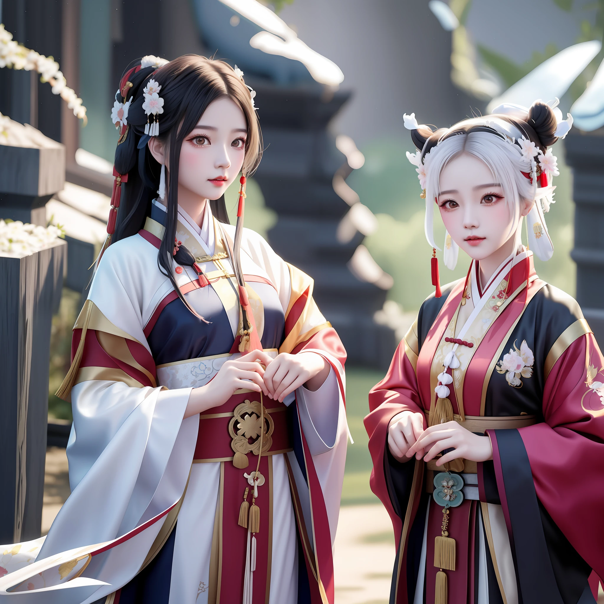 Two Asian women dressed in traditional costumes stand side by side, palace, a girl in Hanfu, dressed in ancient Chinese costume, white Hanfu, Hanfu, Onmyoji, with ancient Chinese clothing, Chinese clothing, traditional Chinese clothing, wlop and sakimichan, flowing hair and robes, Hirase Jinyao --auto --s2