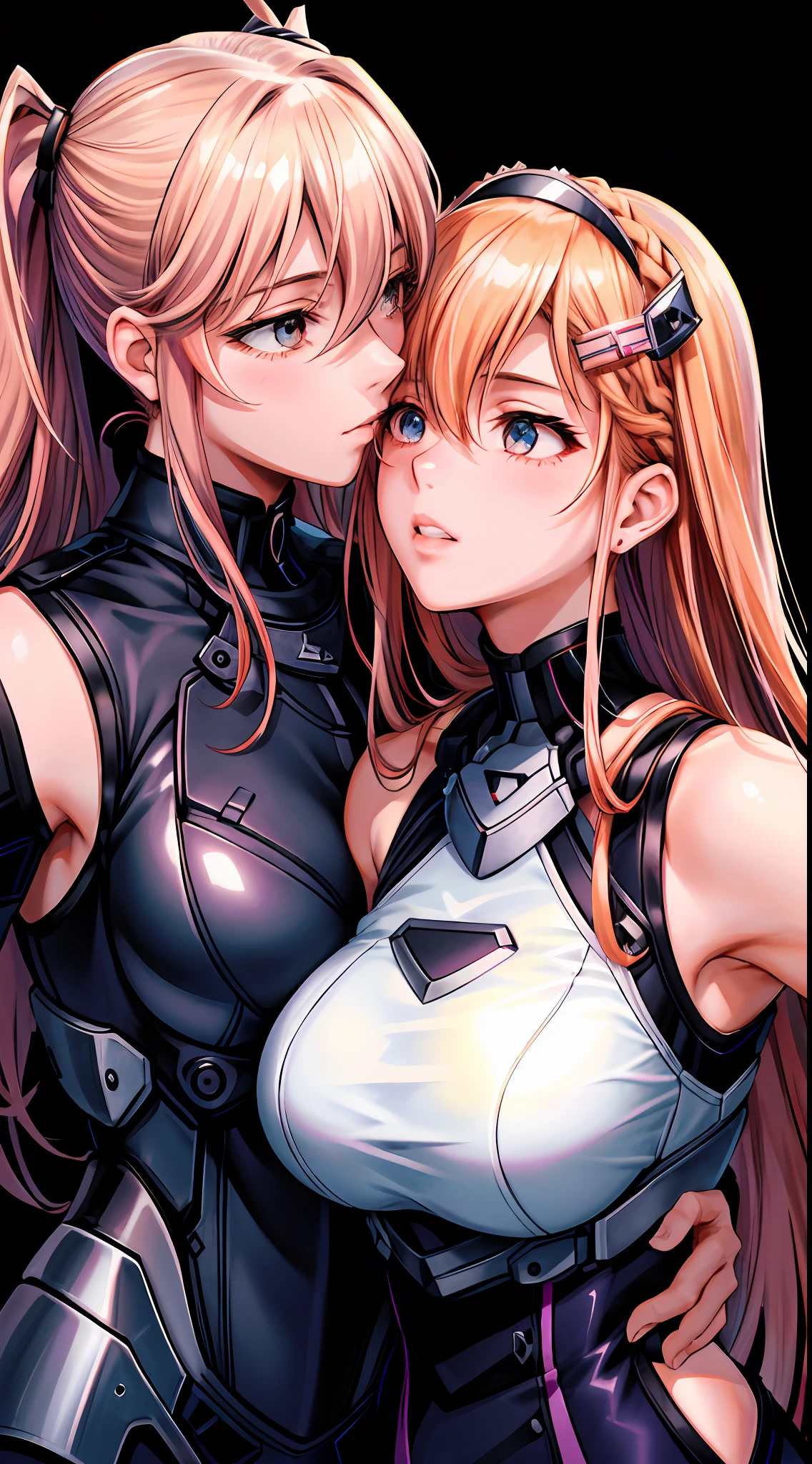 "(Alisa Reinford kissing Sara Valestein), sexy sleeveless police uniforms, yuri:1.4, provocative, hyper-detailed scene background, perfect anatomy, perfect arms, perfect hands,". (Alisa Reinford is blond, Sara Valestein has red hair), average breasts , inspired by trails of cold steel