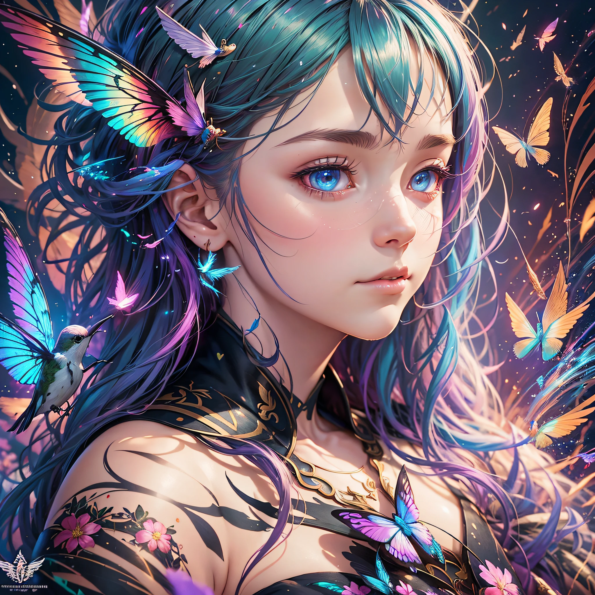 Highly detailed portrait fairies, hummingbird wings, large expressive eyes, stephen bliss, paint splashes, saturated colors, unreal engine 5, fantasy art by greg rutkowski, loish, rhads, ferdinand knab, makoto shinkai and lois van baarle, ilya kuvshinov, rossdraws, tom bagshaw, global illumination, radiant light, detailed and intricate environment --auto --s2