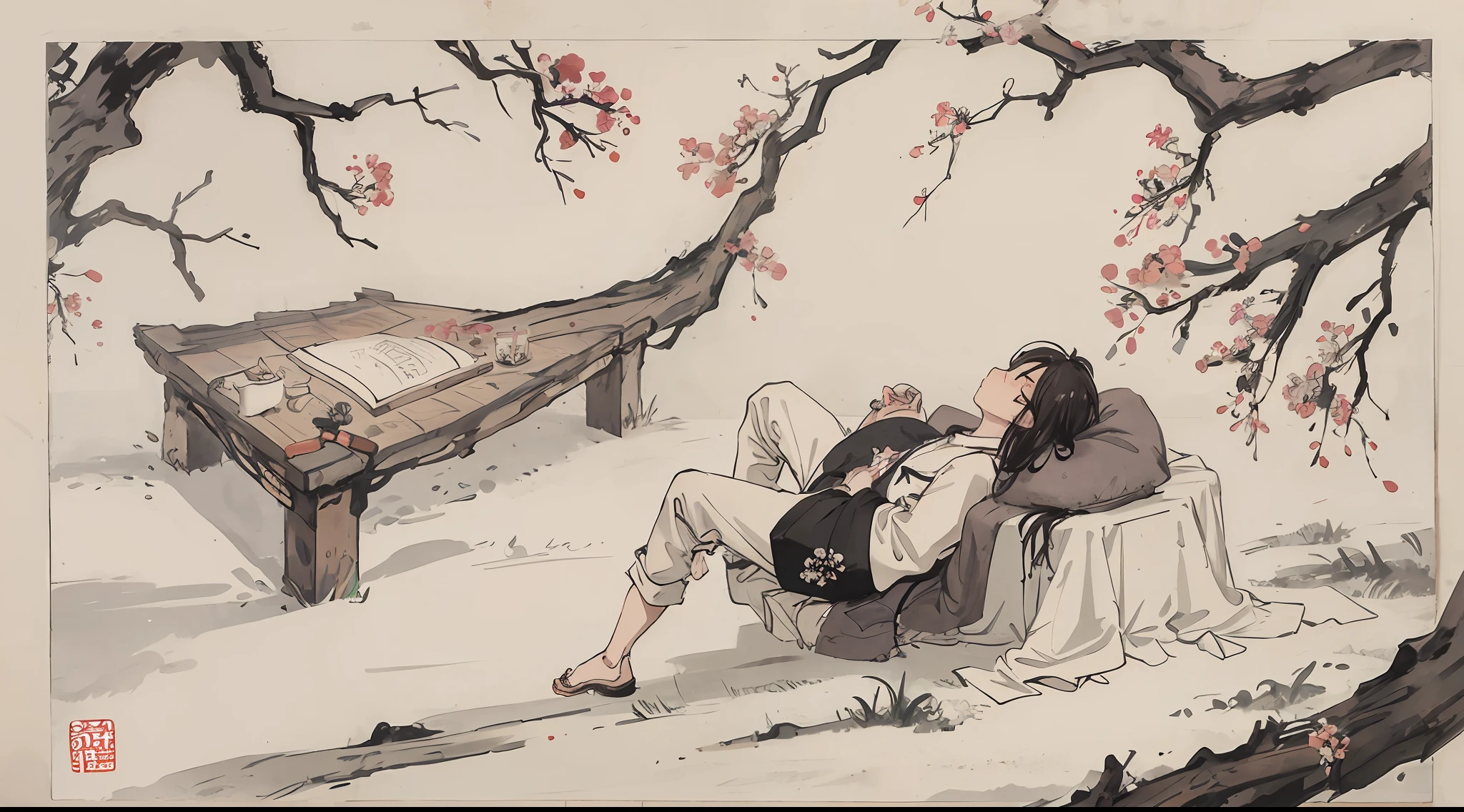 (Masterpiece, best quality: 1.2), traditional Chinese ink painting, ground, 1 man, full body, lying down, sleeping, closing eyes,