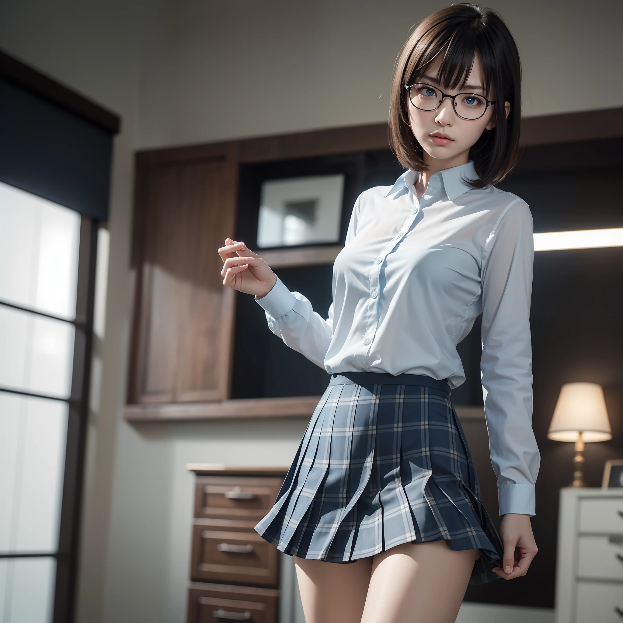Alone, Solo,(8K, RAW photo, best quality, masterpiece:1.2),,erotic,short hair,glasses,chinese woman,standing,tight eyes,skinny,gritty,angry,small,flat breasts(realistic, photorealistic:1.37),best quality,ultra high resolution,photon mapping,radiosity,physically based rendering,blurred,foreground,depth of field, Blurry background, photo_\(medium), motion blur, girl, (full) body), long legs, slender legs, medium hair, bangs, (bangs visible), hair_ornament, lips, blue_eyes, nosesoft, china, light blue shirt, navy blue and white plaid pleated skirt, sheer clothing, black loafers, thigh, black cotton socks,