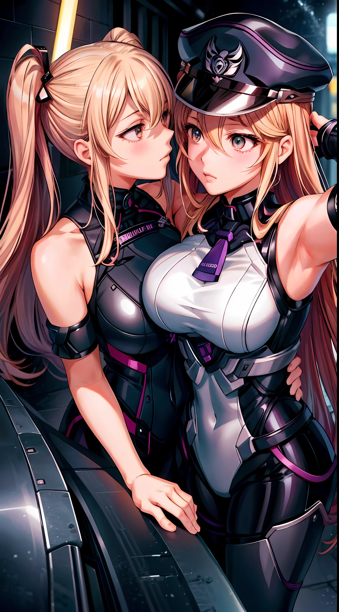 "(Alisa Reinford kissing Sara Valestein), sexy sleeveless police uniforms, yuri:1.4, provocative, hyper-detailed scene background, perfect anatomy, perfect arms, perfect hands,". (Alisa Reinford is blond, Sara Valestein has red hair), average breasts , inspired by trails of cold steel