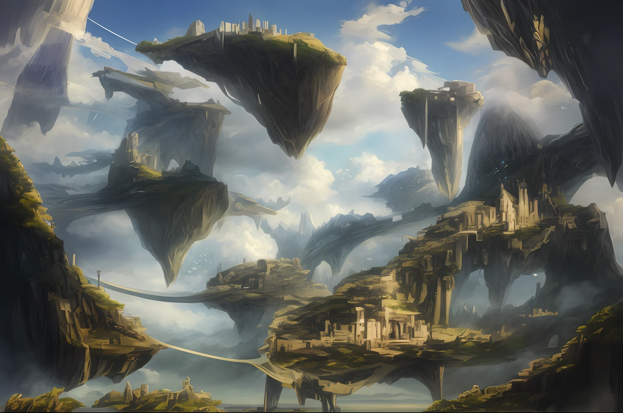 (Masterpiece) painting of a fantasy world with a bridge and a castle, floating city in the sky, floating mountains, floating lands in the clouds, concept world art, floating city in the clouds, environmental concept art, anime scenery concept art, fantasyconcept art, highly detailed concept art, beautiful concept art, concept art. epic landscape, highly detailed and high quality concept art --auto --s2