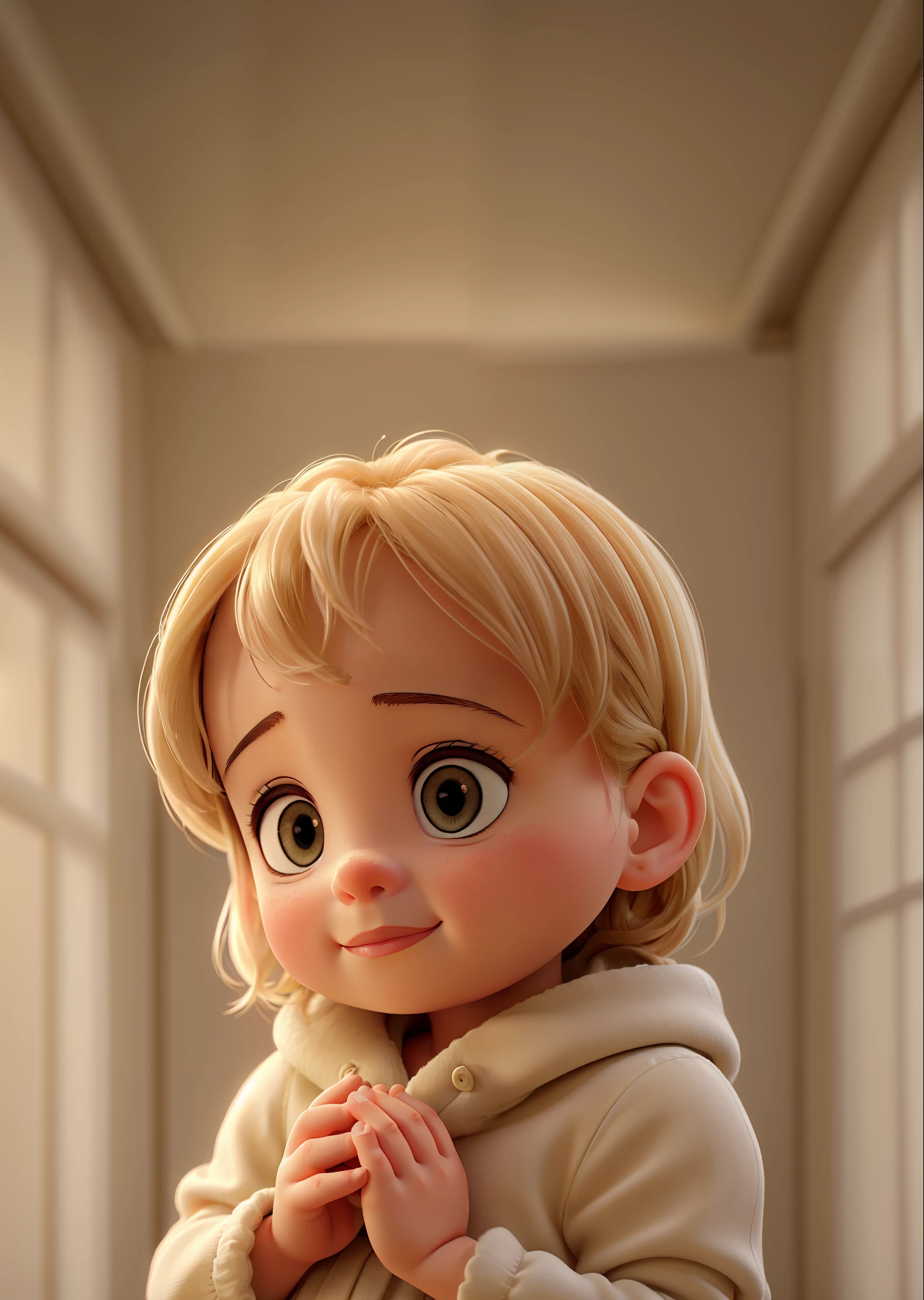"closeup of a baby praying, portrait, light wardrobes on the softly blurred background, soft glow on the face, natural light, serene vibe, yellowish movie scene."