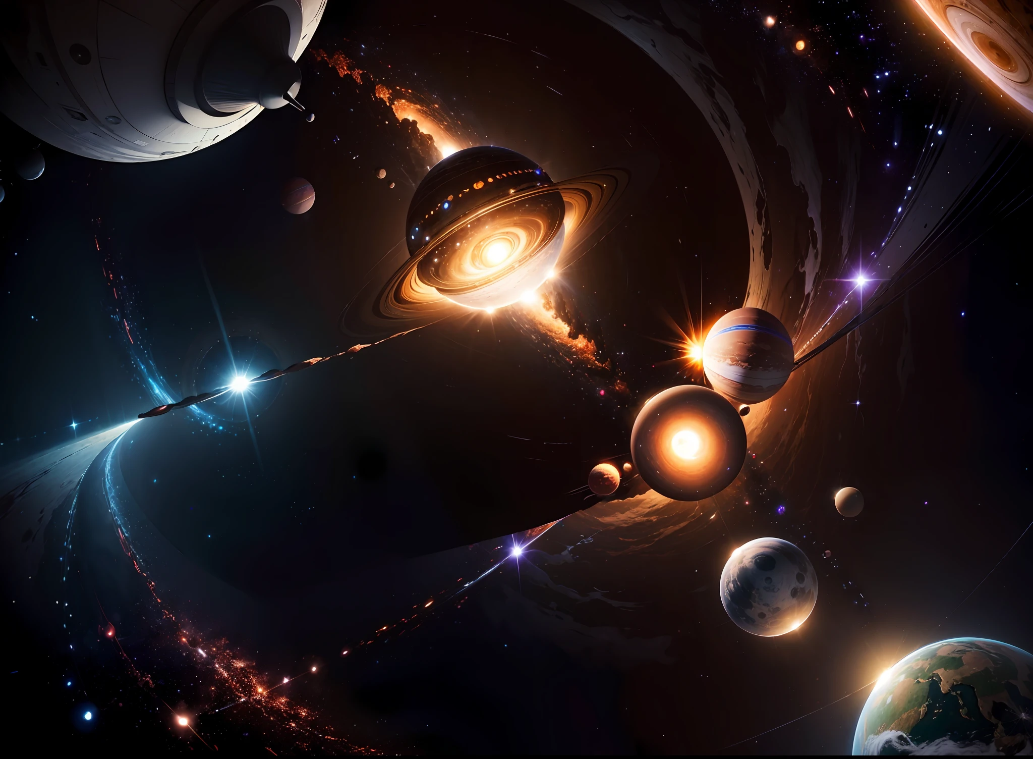 (((Masterpiece))), best quality, ultra-detailed CG unity 8k wallpaper the solar system through a black hole