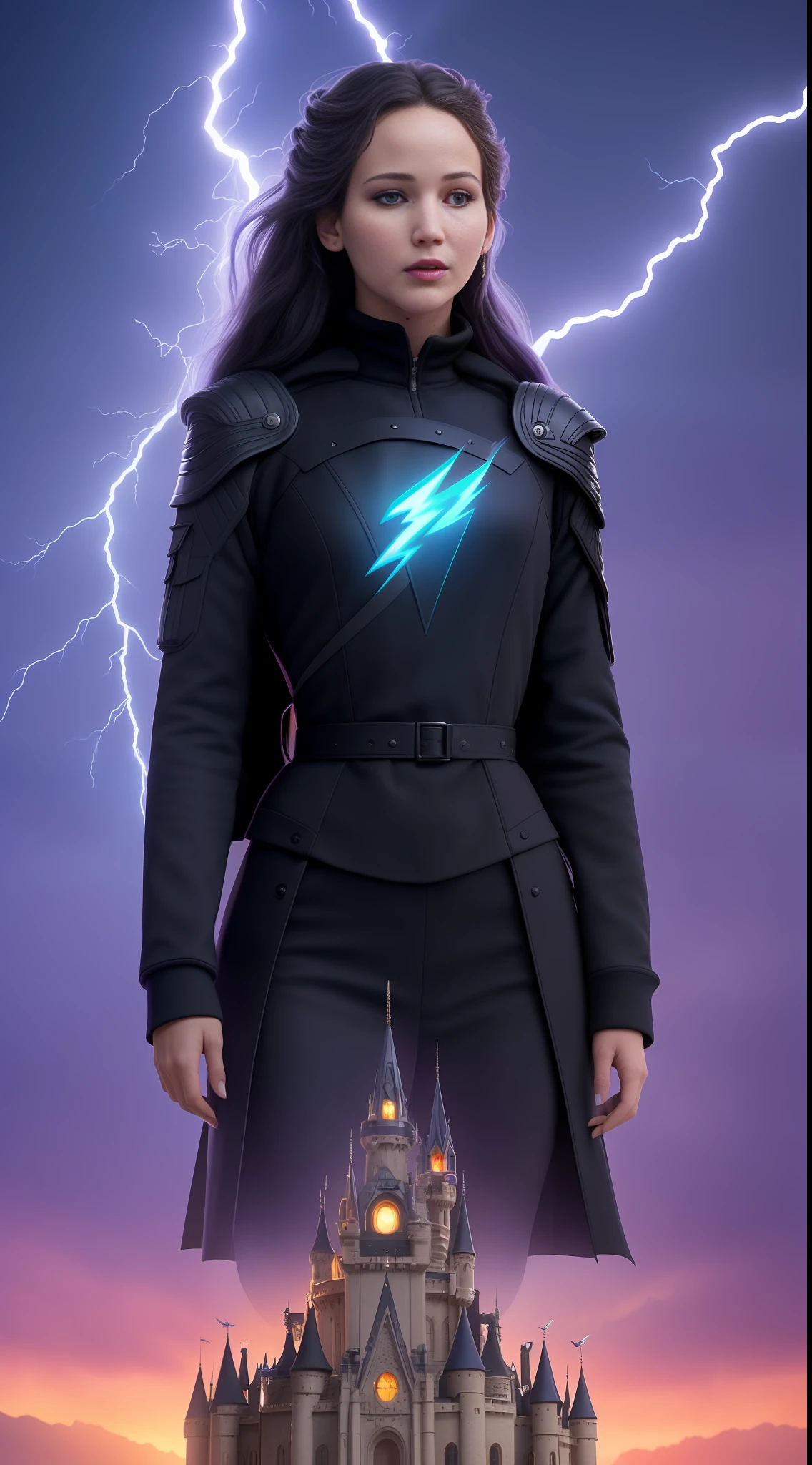 (High Quality), (Extremely Detailed CG 8k Wallpaper), (Best Lighting, Best Shadow), (Flamboyant), (Female Figures), (Long Black Hair, Purple Eyes) (Wrapped in a Black Sweatshirt), (Face Contoured, Domineering), (Secluded Giant Castle), (Magnificent Architecture), (Blue Vignette), (Best Casting) (Beautiful Camera Angle), (Hinting at Future Wars) (Magnificent War Scenes), (Lightning), (Smoke), Hungry Birds, Jennifer Lawrence