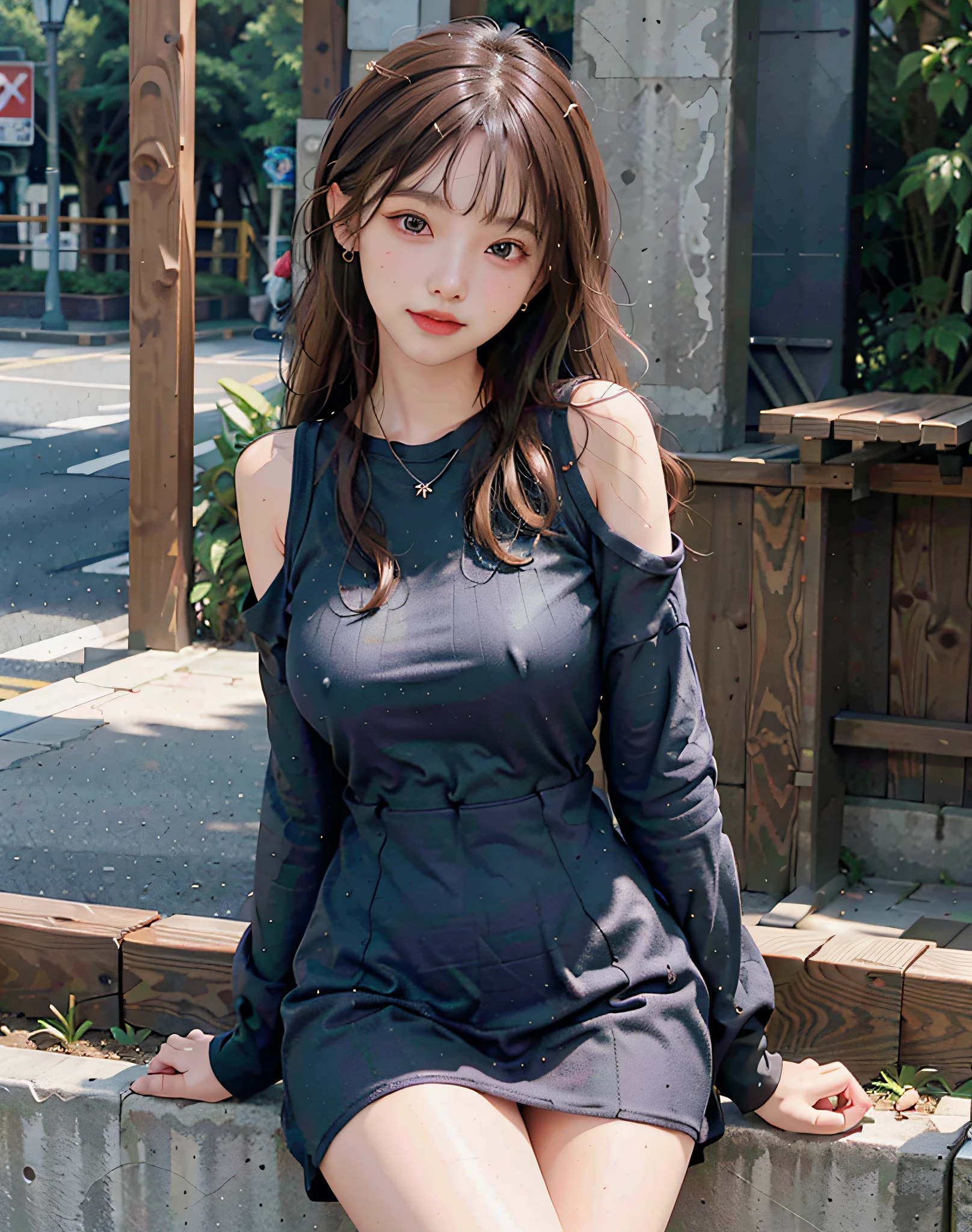 Breast Exposure, 8k, (Original Photo), (Best Quality), (Photo Realism: 1.4), Black Clothes, Realistic Skin Texture 1girl, cute, double eyelids, bangs, full body, petite, thin legs, (slim body), slim, smile, headgear, earrings, necklace, looking at the audience, facial focus, depth of field, club, (bust lens: 1), bokeh,,