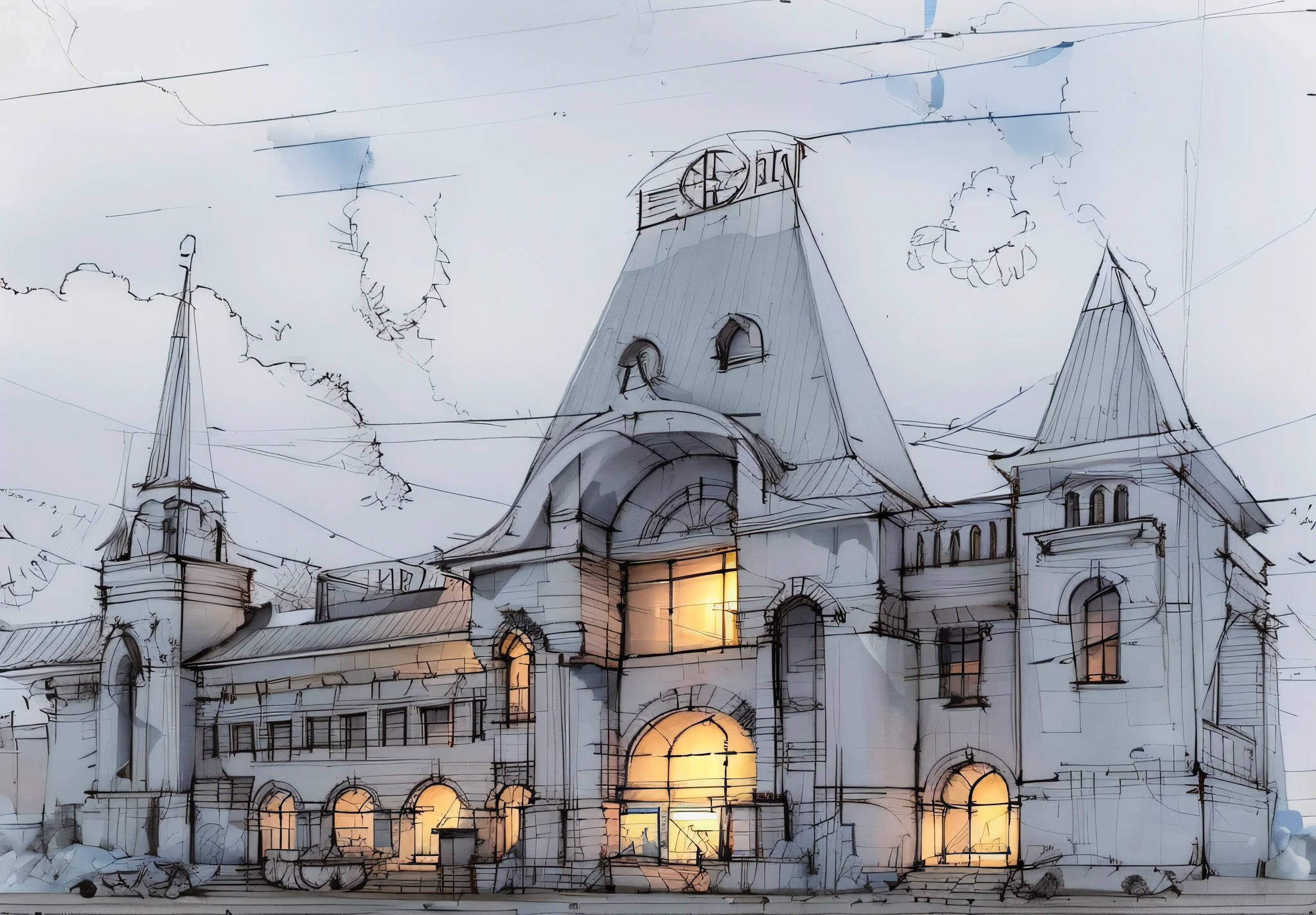 sketch, sketch, pen_sketch_style, Yaroslavl railway station, the photo shows the station, building, beautiful high resolution, the exterior of a huge beautiful station