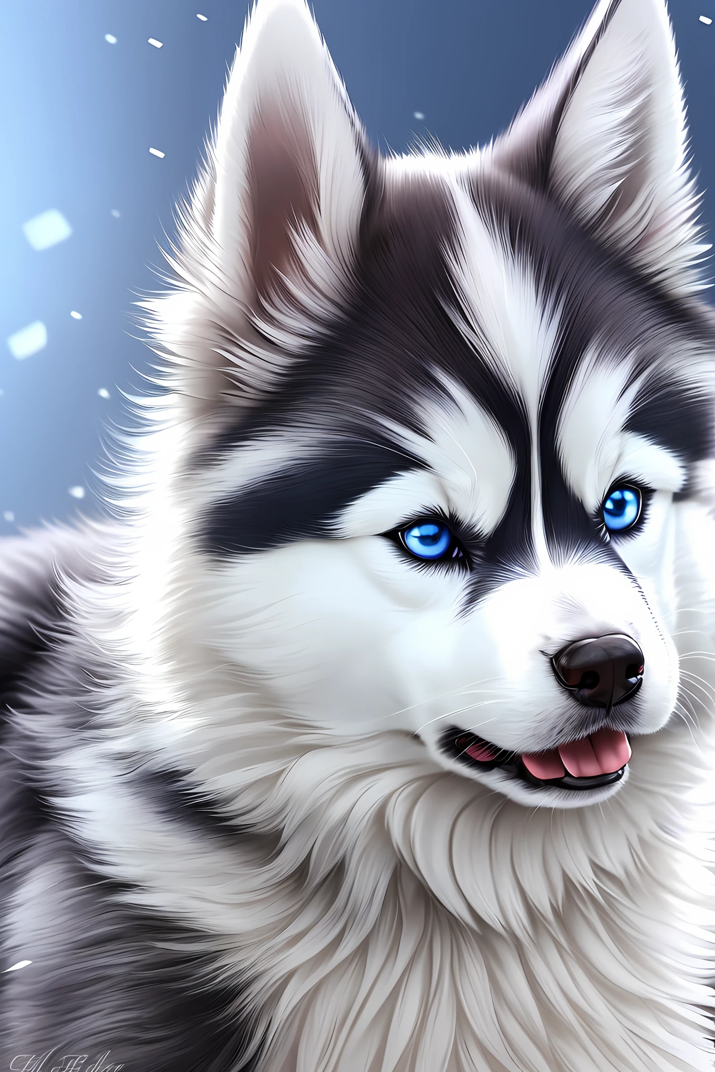 a close-up portrait of a cute and fluffy Siberian Husky puppy with blue eyes and a black and white fur coat. The background is a soft gradient of light blue and white, with a subtle texture resembling snowflakes. The puppy is looking directly at the viewer with a curious and playful expression, and its tongue is slightly sticking out. The fur is textured and detailed, with visible strands and shading that create a three-dimensional effect. The overall style is realistic with a touch of stylization, emphasizing the cuteness and charm of the subject. --auto --s2