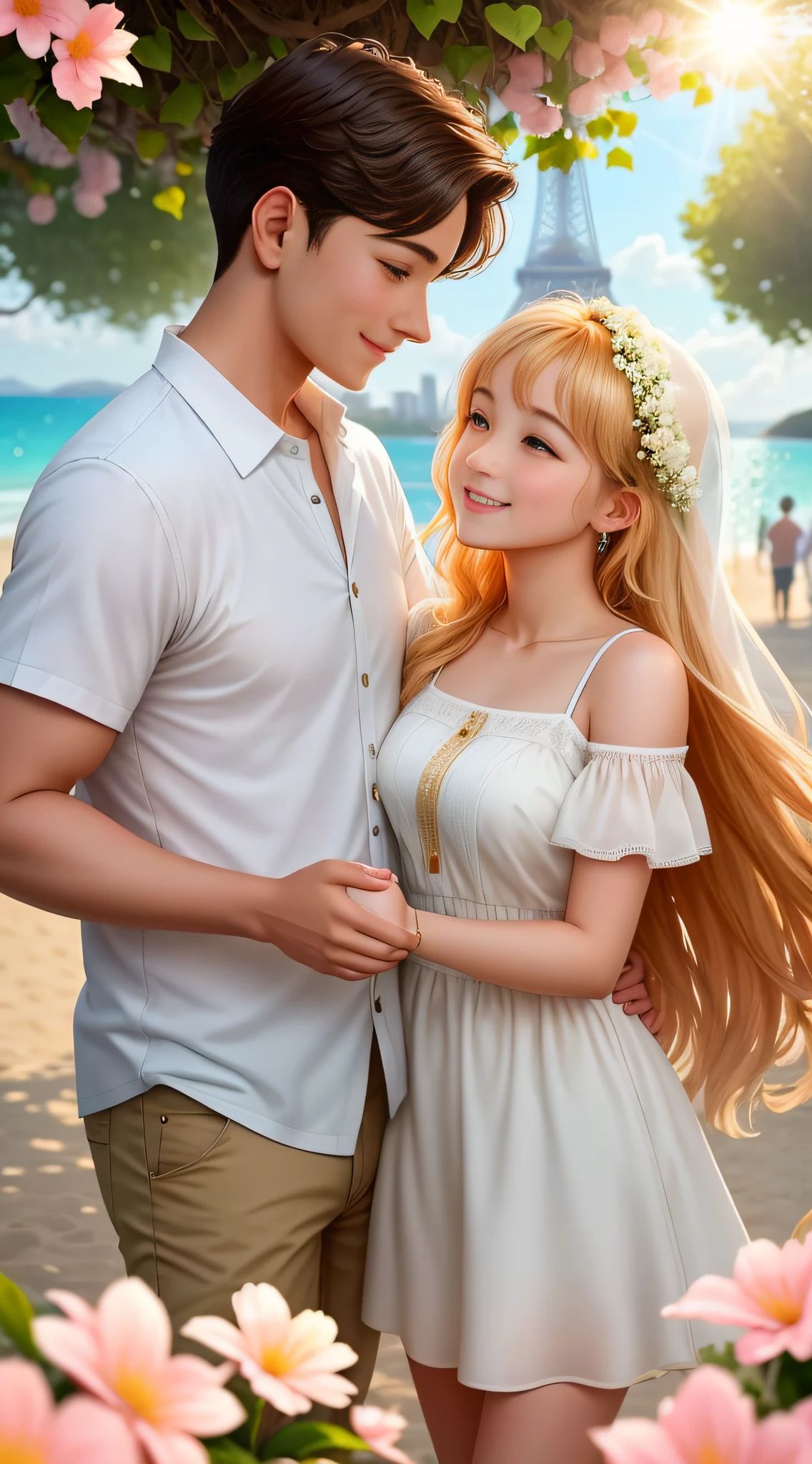 On this bright morning, a young couple walked hand in hand on the beach, gradually moving away from the lively seaside. Behind them, is the Eiffel Tower. And in front of them, the fragrance of flowers is overflowing, flowers blooming, brilliant and colorful, like a moving oil painting, intoxicating.
The girl snuggled lightly onto the boy's shoulder, their eyes meeting with tenderness and love in their eyes. The boy stretched out his other hand and caressed the girl's hair with his fingers, and the girl had a happy smile on her face. Their clothes are all white, which looks exceptionally pure and neat, making people think of the looks of the couple at weddings.
At this time, the sun had risen, and the sunlight shone patches of gold through the leaves, illuminating the lovers. They all had big smiles on their lips, as if everything was getting better at this moment. It was a momentary moment that left a lasting impression and made people involuntarily revel in it.