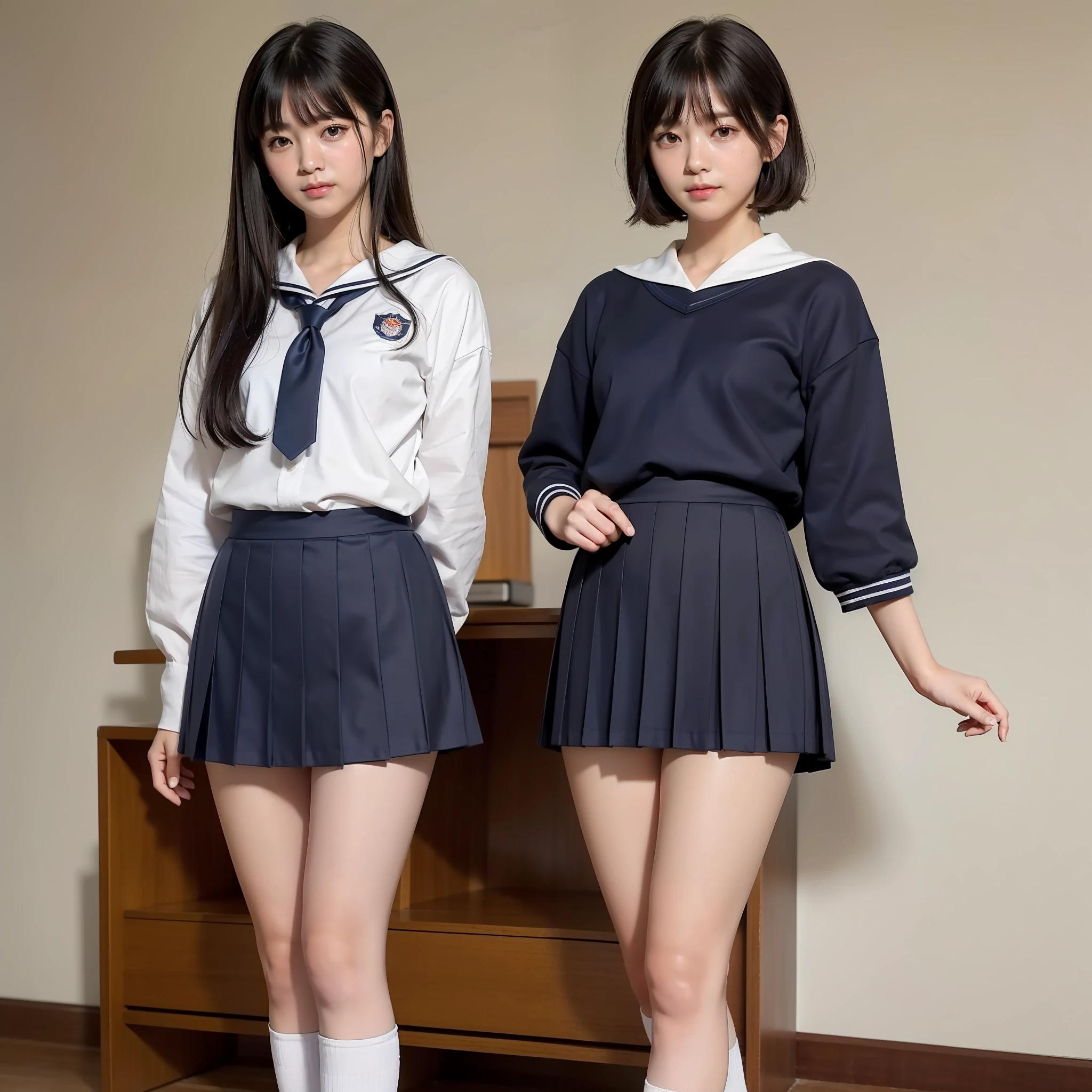 ((from the knee up)), one girl, (natural beautiful face 1.4), (baby face 1.4) (((small: 1.2)) chest)), (black hair with bangs: 1.4), (Japan high school uniform), Japan high school student, (white short-sleeved sailor suit 1.5), navy blue tie, navy blue skirt, white high socks, black loafers, (standing 1.4), (small smile), steppe,