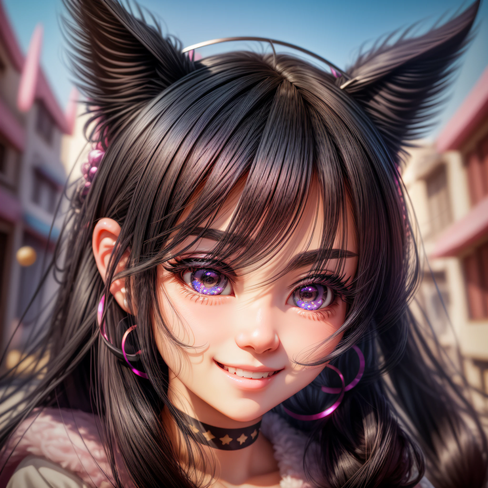 black hair, hair bobbles, wince, long eyelashes, solid circle eyes, fake animal ears, light smile, ear blush, fang, Surrealism, drop shadow, anaglyph, stereogram, tachi-e, pov, atmospheric perspective, 8k, super detail, accurate, best quality --auto --s2