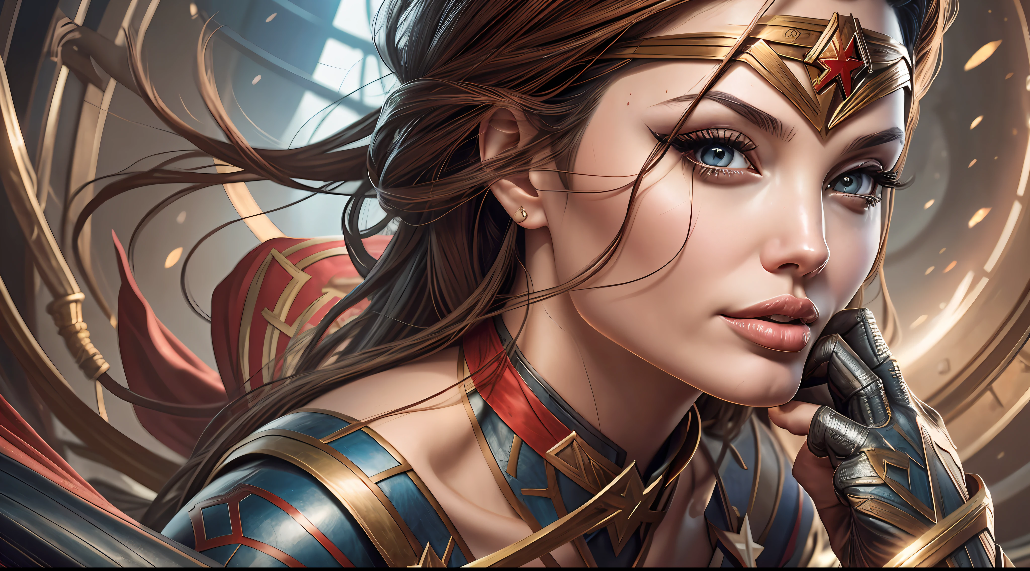 A closeup of a woman in a red and black costume, Wonder Woman, sexy Angelina Jolie painting, Angelina Jolie hybrid, super sexy Angelina Jolie, dressed as Wonder Woman, Superhero body, Portrait of Wonder Woman, Angelina Jolie as Wonder Woman, ultra high resolution costume, hyper detailed costume, comic book character, DC Comics style, perfect anatomy,  hands with 4 fingers and 1 thumb, rendered in 8K resolution for high quality detail, 8K image quality, 8K high resolution image, hyper detailed, super realistic, intricate details --auto --s2