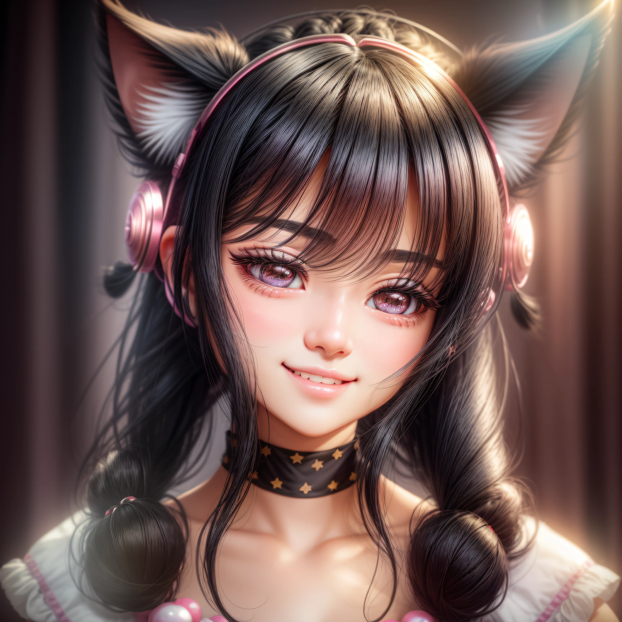 black hair, hair bobbles, wince, long eyelashes, solid circle eyes, fake animal ears, light smile, ear blush, fang, Surrealism, drop shadow, anaglyph, stereogram, tachi-e, pov, atmospheric perspective, 8k, super detail, accurate, best quality --auto --s2