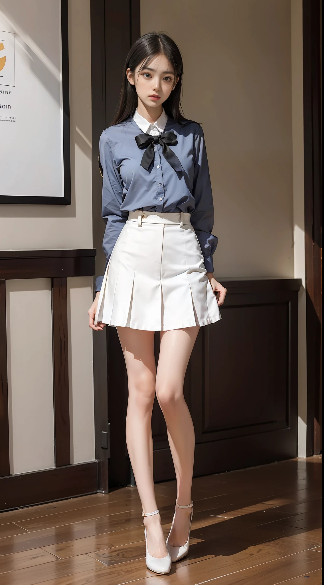Girl in JK school uniform, posing for photos, delicate facial features, full body portrait, slim body, beautiful legs, medium bust, slim girl model, model figure, white high heels, standing posture, indoors, (right leg mechanical leg)), (right leg mechanical leg)Right leg mechanical leg, mechanical right leg,