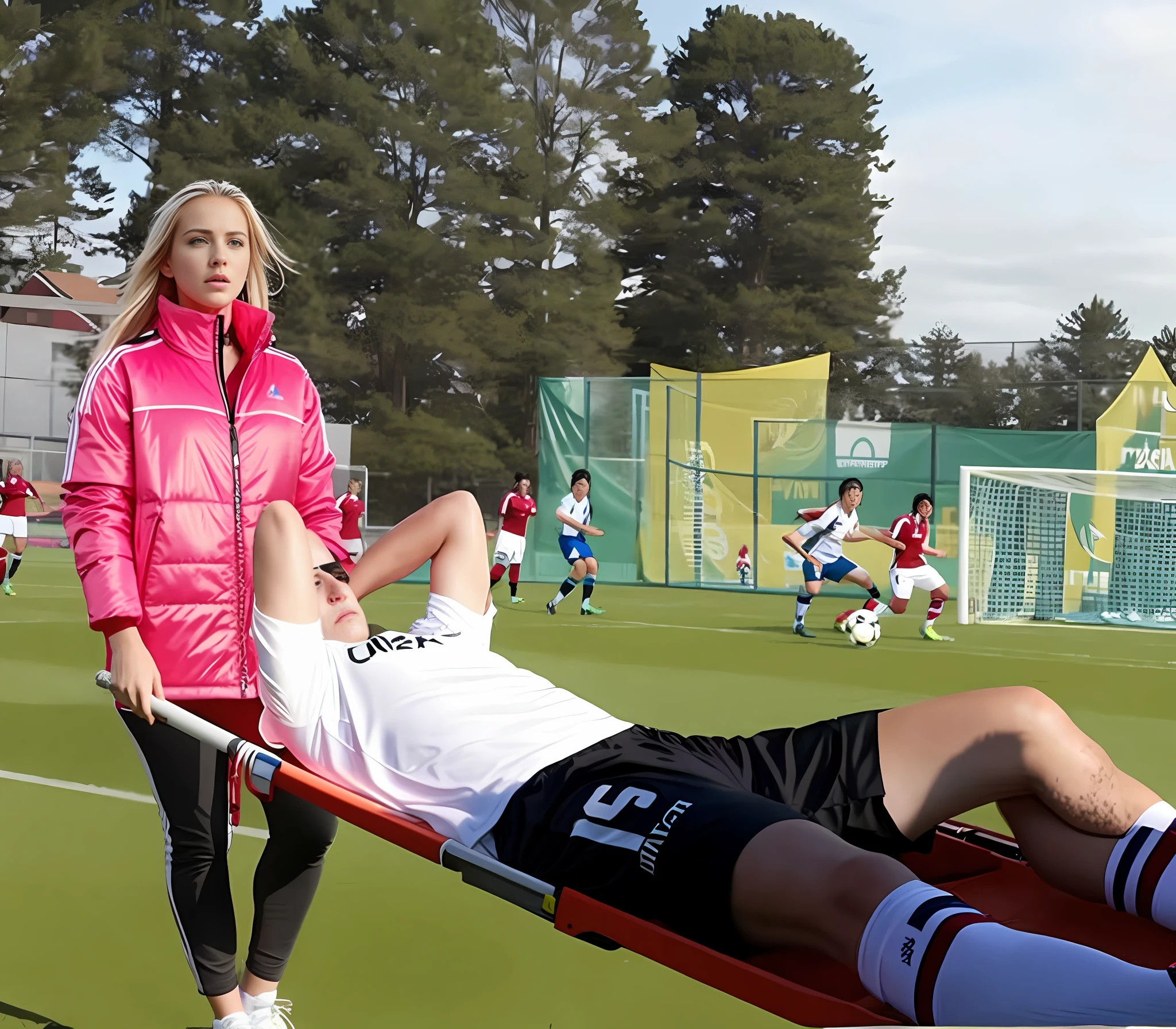 black and white down jacket, shiny down jacket, a blond longhaired woman is wearing a very high-gloss and waterproof puffy jacket and shiny leather pqants, the woman is carrying a stretcher in a sports stadium, on the stretcher lies a young Caucasian football player, the football player is wearing a white short-sleeved shirt and black shorts, the soccer player is lying on his back on the stretcher and is covering his face with both hands, the woman is angry and shouts out loud, the woman is frightened and looks very concerned, the woman is loving the soccer player and is sending enormous amorous looks to him, the woman is carrying the stretcher out of the soccer field, the sports field in the background is a soccer field with a large visitors' stand, a soccer match is playing in the background, the sports field in the background is a soccer field with a large visitors' stand, a soccer match is playing in the background, dramatic action pose, dramatic suffering pose, accident scene, first-aid-scene, theatralic pity poses --auto --s2