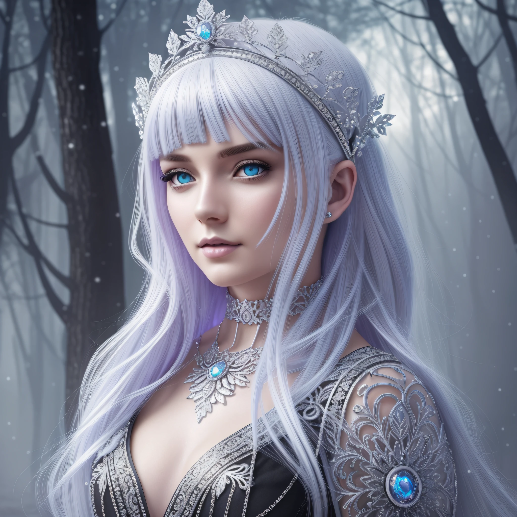 Woman with platinum hair, in a dress of ice flowers, a beautiful crown on her head, detailed face, detailed skin, front, background frozen forest, cover, unzoom, choker, hyperdetailed painting, luminism, Bar lighting, complex, 4k resolution concept art portrait by Greg Rutkowski, Artgerm, WLOP, Alphonse Mucha, little fusion pojatti realistic goth, fractal isometrics details bioluminescens : a stunning realistic photograph 30 years --auto --s2