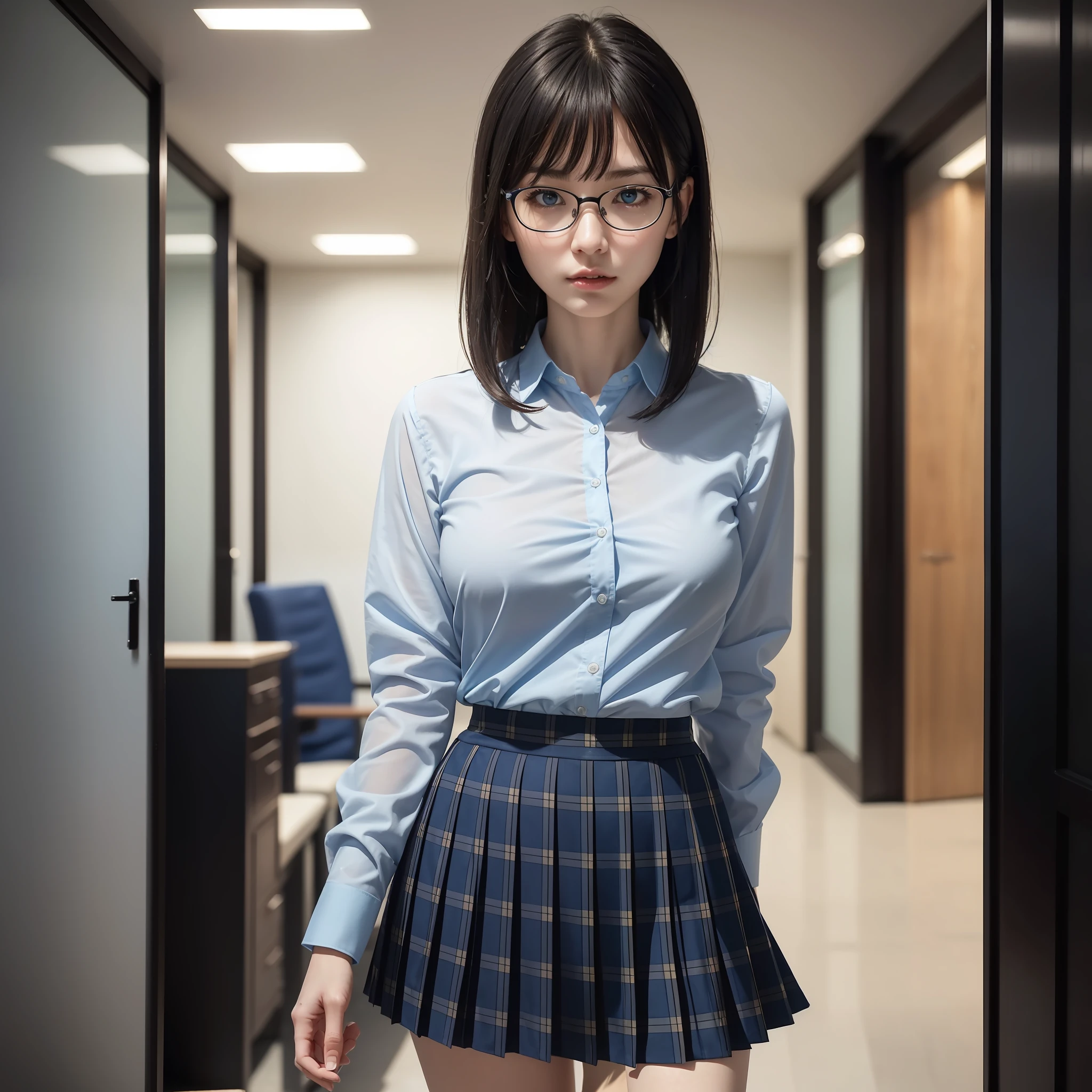 Alone, Solo,(8K, RAW Photo, Best Quality, Masterpiece:1.2),Office Lady,,Erotic,Short Hair,Glasses,Chinese Woman,Standing,Tight Eyes,Thin,Crunchy,Angry,Small,Flat Breasts (Realistic, Photorealistic:1.37), Best Quality, Ultra High Resolution, Photon Mapping, Radiosity, Physically Based Rendering, Blur, Foreground, Depth of FieldBlurry background, photo_\(medium), motion blur, girl, (full) body), long legs, slender legs, medium hair, bangs, (bangs visible), hair_ornament, lips, blue_eyes, nosesoft, china, light blue shirt, navy blue and blue and white plaid pleated skirt, sheer clothing, black loafers, thigh, black cotton socks,