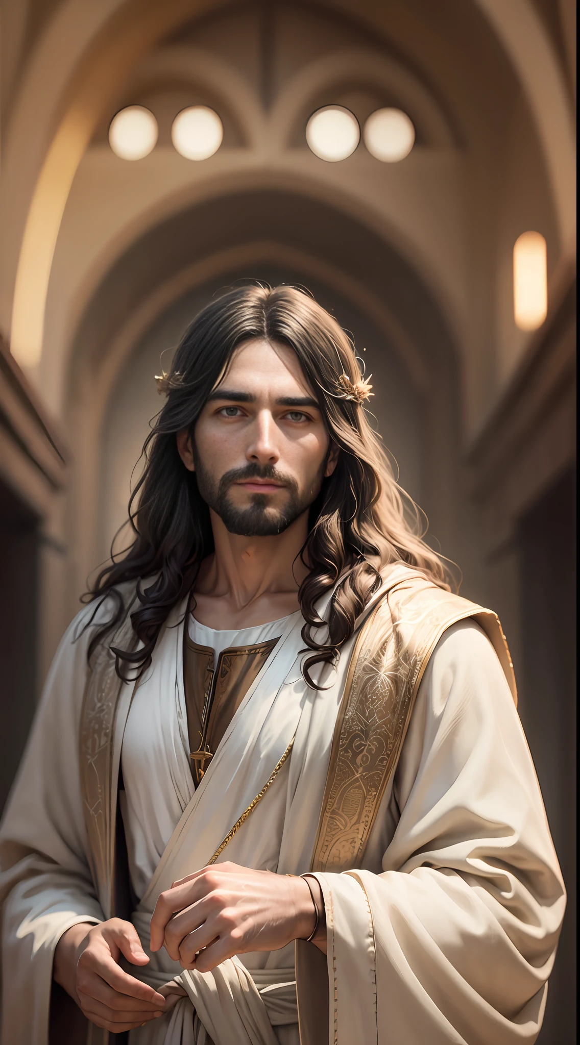 portrait of Jesus in robes of his time, cinematic lighting, depth of field, bokeh, realism, photorealistic, hyperrealism, professional photography, uhd, dslr, hdr --auto --s2