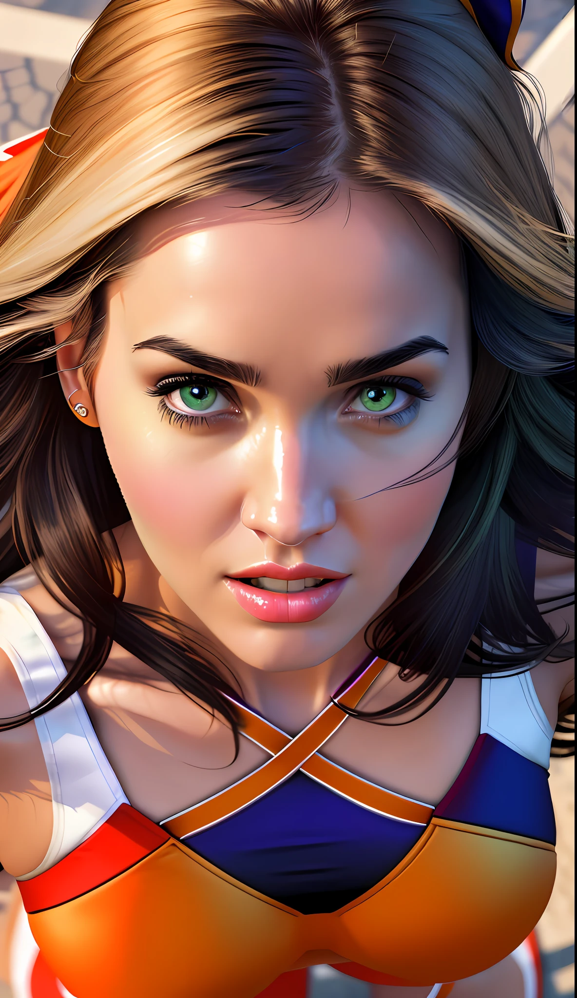 from above, top angle, (redshift style:1.1), (analog style:1.1), sexy, realistic, photo shoot, professional, high contrast,


[Jennifer Connelly|Megan Fox], 1girl, solo, expressive look,  (wearing cheerleader costume:1.2), gloves, wearing skirt, crop top,
skin pores, intricate skin texture, realistic skin, golden glitter, shiny skin, hands on sides, hands down,
realistic body, realistic body proportions,

(closeup:1.2), (extreme closeup:1.2), cleavage, face focus,

masterpiece, best quality, HDR, viewpoint, highest quality, sharp focus, looking at viewer, facing viewer, 8k,
[(colorful explosion psychedelic paint colors:1.2)::0.2],

dynamic lights, bokeh, detailed emerald eyes, witty,(vengeful:0.7),