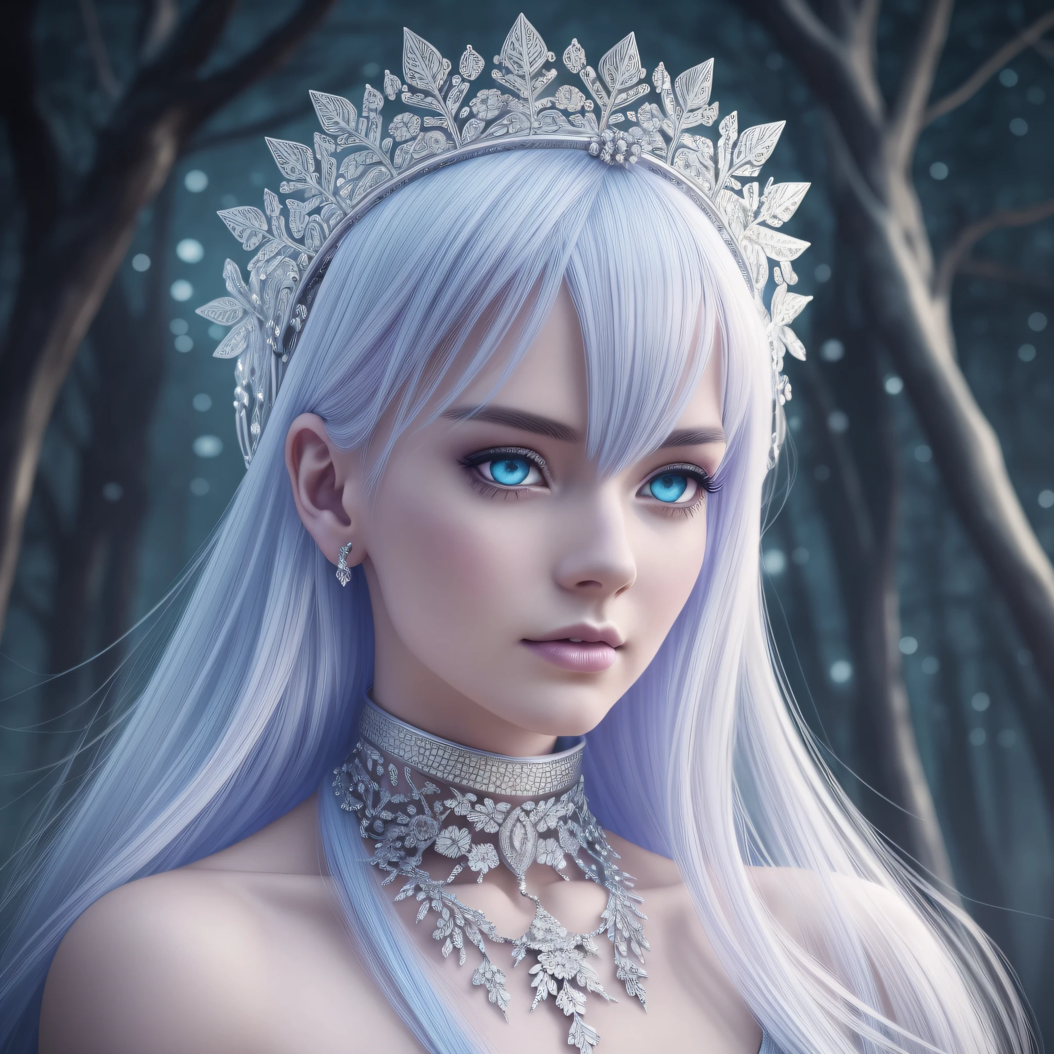 Woman with platinum hair, in a dress of ice flowers, a beautiful crown on her head, detailed face, detailed skin, front, background frozen forest, cover, unzoom, choker, hyperdetailed painting, luminism, Bar lighting, complex, 4k resolution concept art portrait by Greg Rutkowski, Artgerm, WLOP, Alphonse Mucha, little fusion pojatti realistic goth, fractal isometrics details bioluminescens : a stunning realistic photograph 30 years --auto --s2