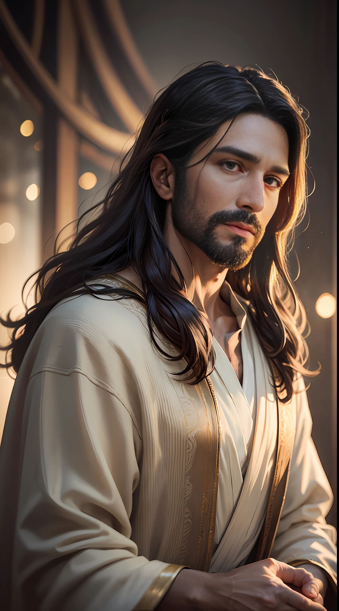portrait of Jesus in robes of his time, cinematic lighting, depth of field, bokeh, realism, photorealistic, hyperrealism, professional photography, uhd, dslr, hdr --auto --s2