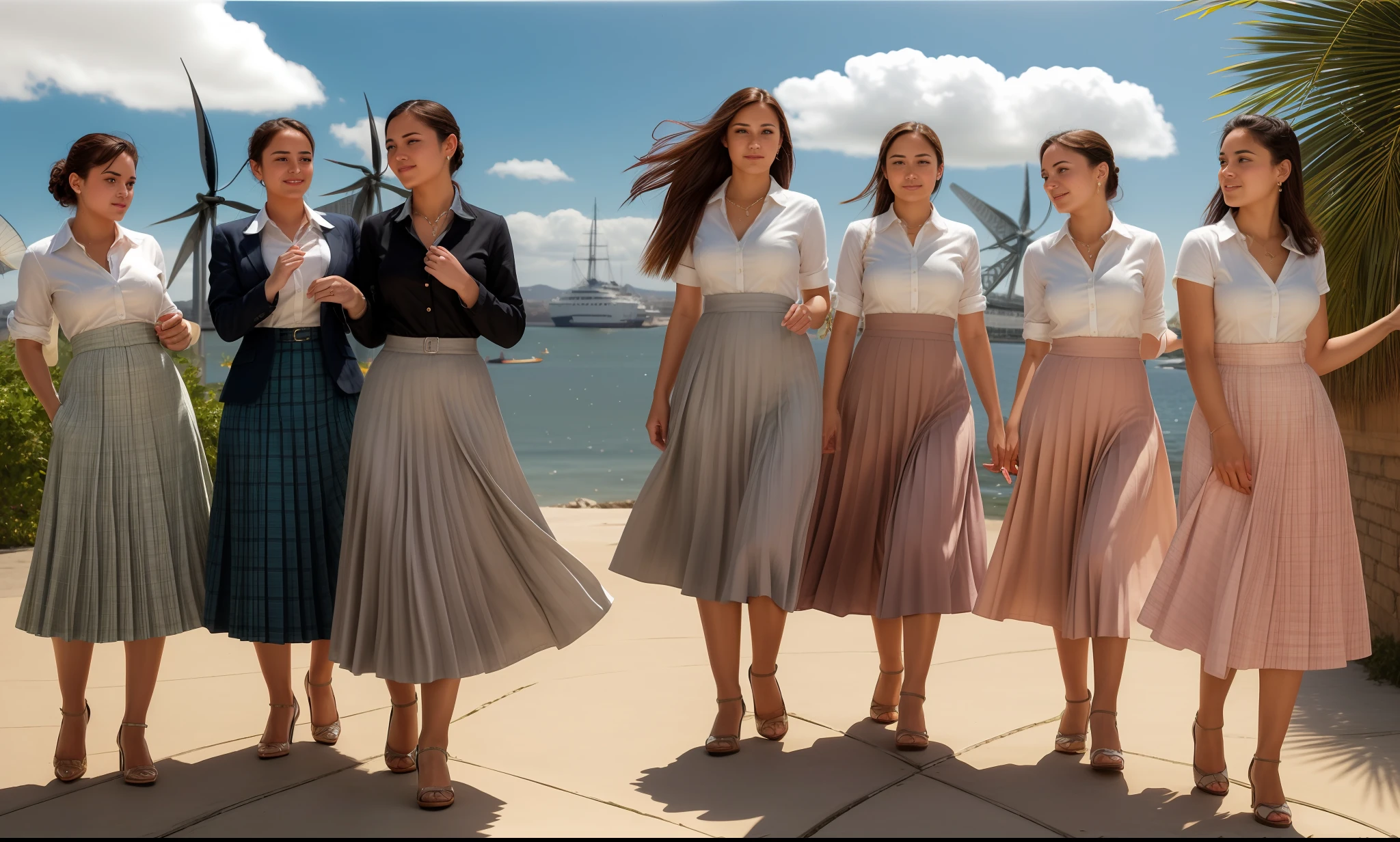 35mm f1.4 Kodak portra 400 group photograph, extremely high quality RAW group photograph, (1959 lesbian:1,7 long skirt kissing:1,6 conference), (shy) authentic (kind and tender) lesbian women wearing short blazers with a very very detailed (long (fully pleated) full circle skirts) and (simple) low heeled office shoes, very very intricate hyper-detailed symmetric (attractive graceful young feminine faces) with (sad, tired) eyes and a (flirty smiles:1.3), full of empathy and compassion and love, (pronounced feminine features:1,3), big boobs, large breasts, (highly detailed ultra accurate realistic:1,1) hands and fingers, ((windy conditions and wind blowing)), epic composition, highly detailed attributes, highly detailed atmosphere, detailed background, intricate, Exquisite details and textures, highly detailed