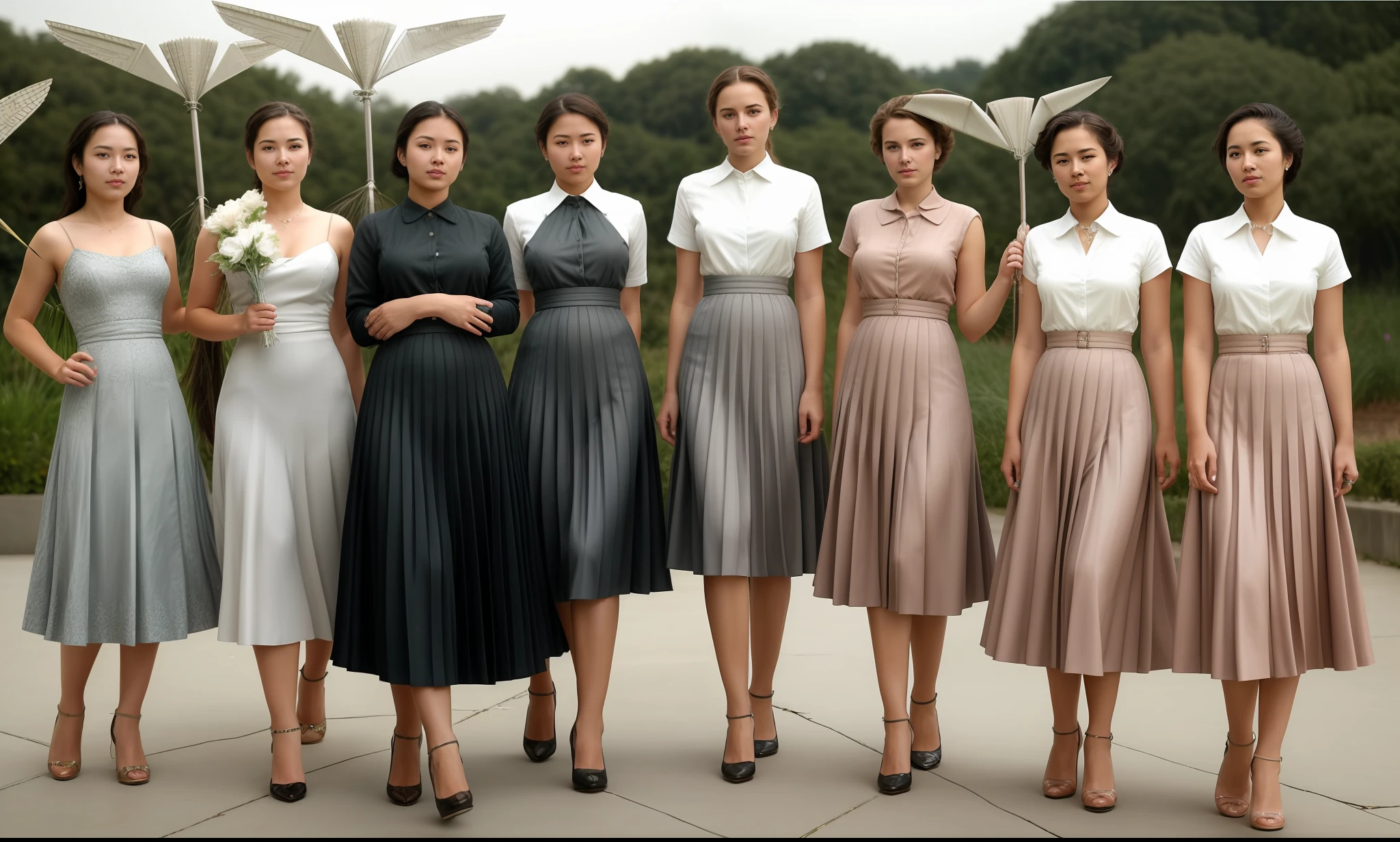 35mm f1.4 Kodak portra 400 group photograph, extremely high quality RAW group photograph, (1959 lesbian:1,7 long skirt kissing:1,6 conference), (shy) authentic (kind and tender) lesbian women wearing short blazers with a very very detailed (long (fully pleated) full circle skirts) and (simple) low heeled office shoes, very very intricate hyper-detailed symmetric (attractive graceful young feminine faces) with (sad, tired) eyes and a (flirty smiles:1.3), full of empathy and compassion and love, (pronounced feminine features:1,3), big boobs, large breasts, (highly detailed ultra accurate realistic:1,1) hands and fingers, ((windy conditions and wind blowing)), epic composition, highly detailed attributes, highly detailed atmosphere, detailed background, intricate, Exquisite details and textures, highly detailed