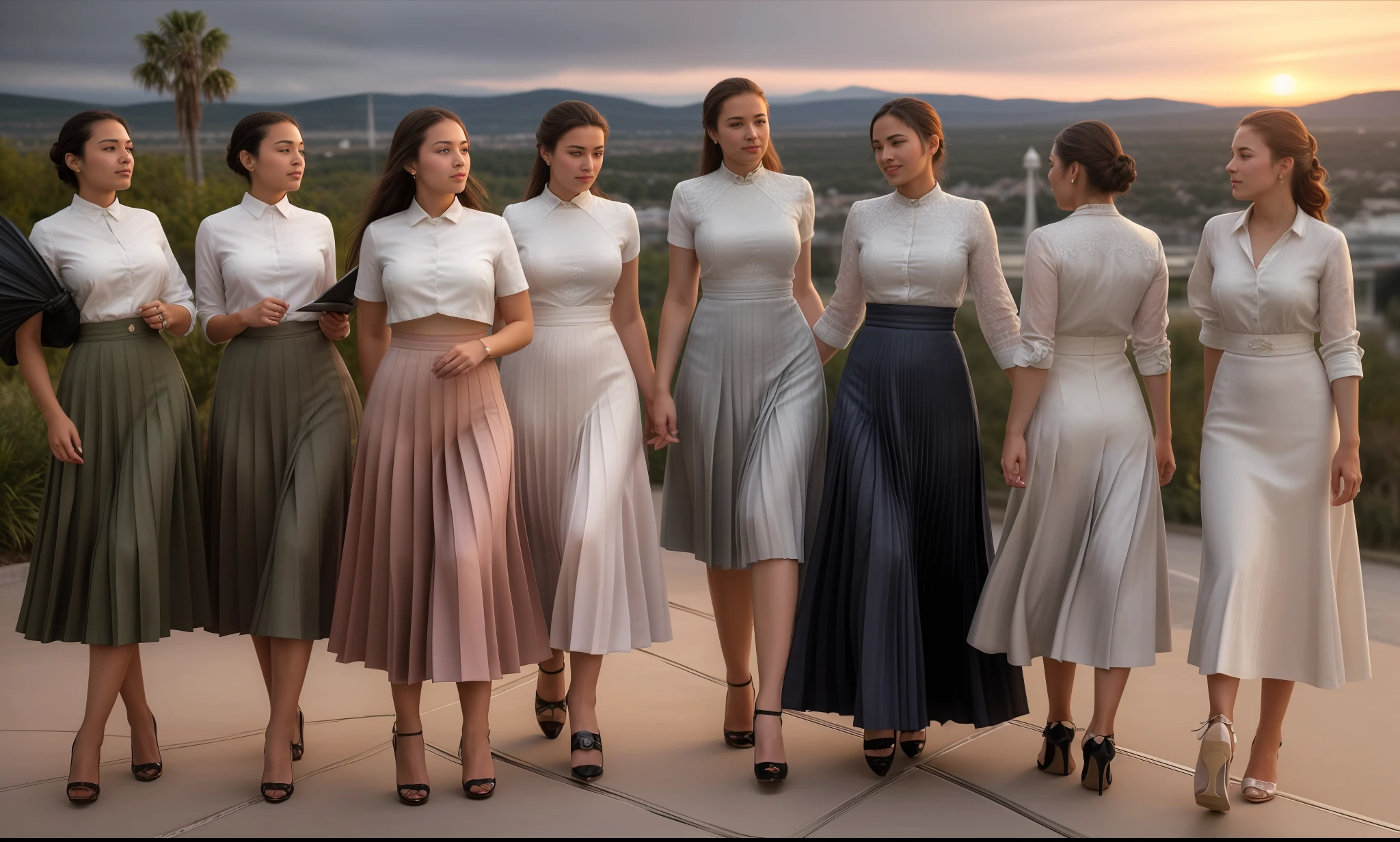 35mm f1.4 Kodak portra 400 group photograph, extremely high quality RAW group photograph, (1959 lesbian:1,7 long skirt kissing:1,6 conference), (shy) authentic (kind and tender) lesbian women wearing short blazers with a very very detailed (long (fully pleated) full circle skirts) and (simple) low heeled office shoes, very very intricate hyper-detailed symmetric (attractive graceful young feminine faces) with (sad, tired) eyes and a (flirty smiles:1.3), full of empathy and compassion and love, (pronounced feminine features:1,3), big boobs, large breasts, (highly detailed ultra accurate realistic:1,1) hands and fingers, ((windy conditions and wind blowing)), epic composition, highly detailed attributes, highly detailed atmosphere, detailed background, intricate, Exquisite details and textures, highly detailed